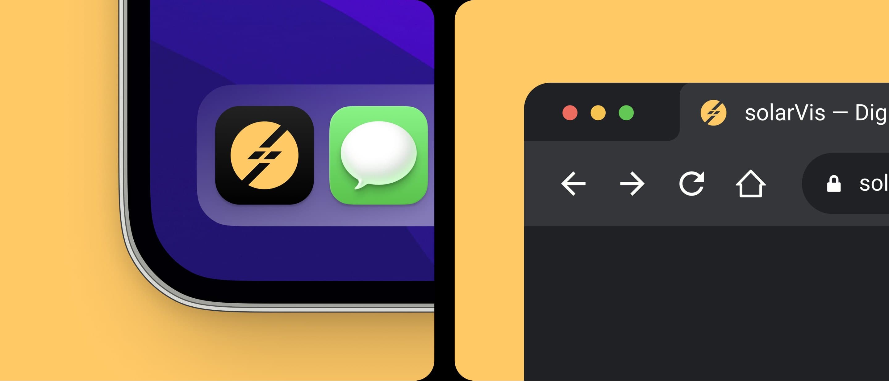 The solarVis app icon in a phone dock and the solarVis favicon in a browser tab, on the brand yellow
