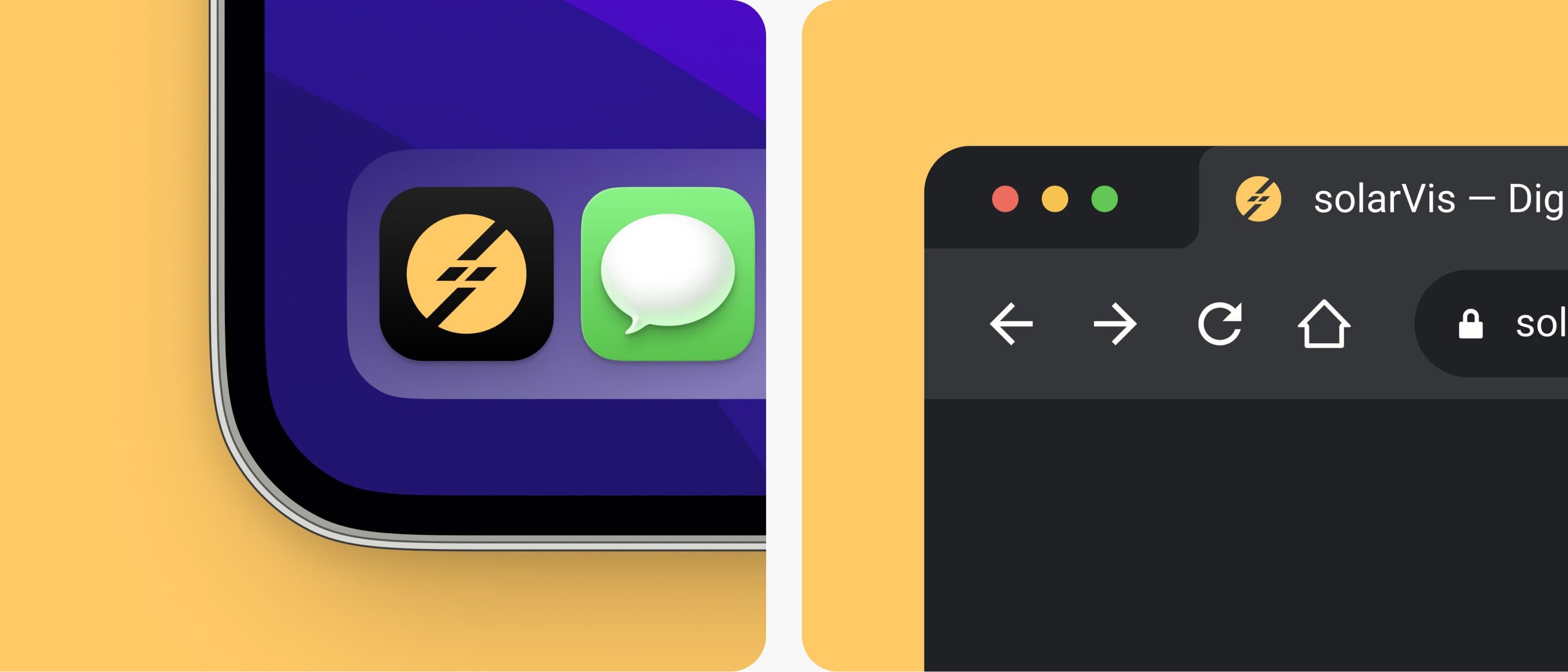 The solarVis app icon in a phone dock and the solarVis favicon in a browser tab, on the brand yellow