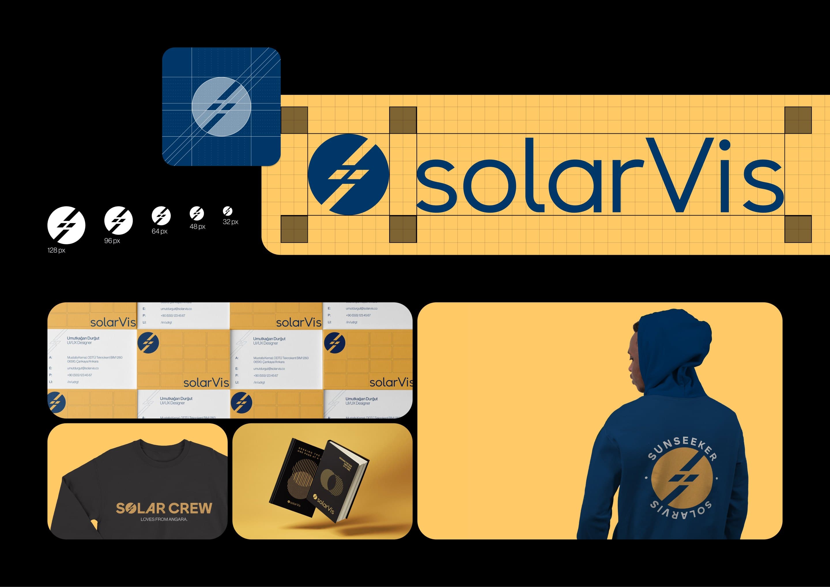 The solarVis mark on its construction grid, the logotype on a yellow grid, the mark at five sizes, and the identity on business cards, a sweatshirt, notebooks and a hoodie