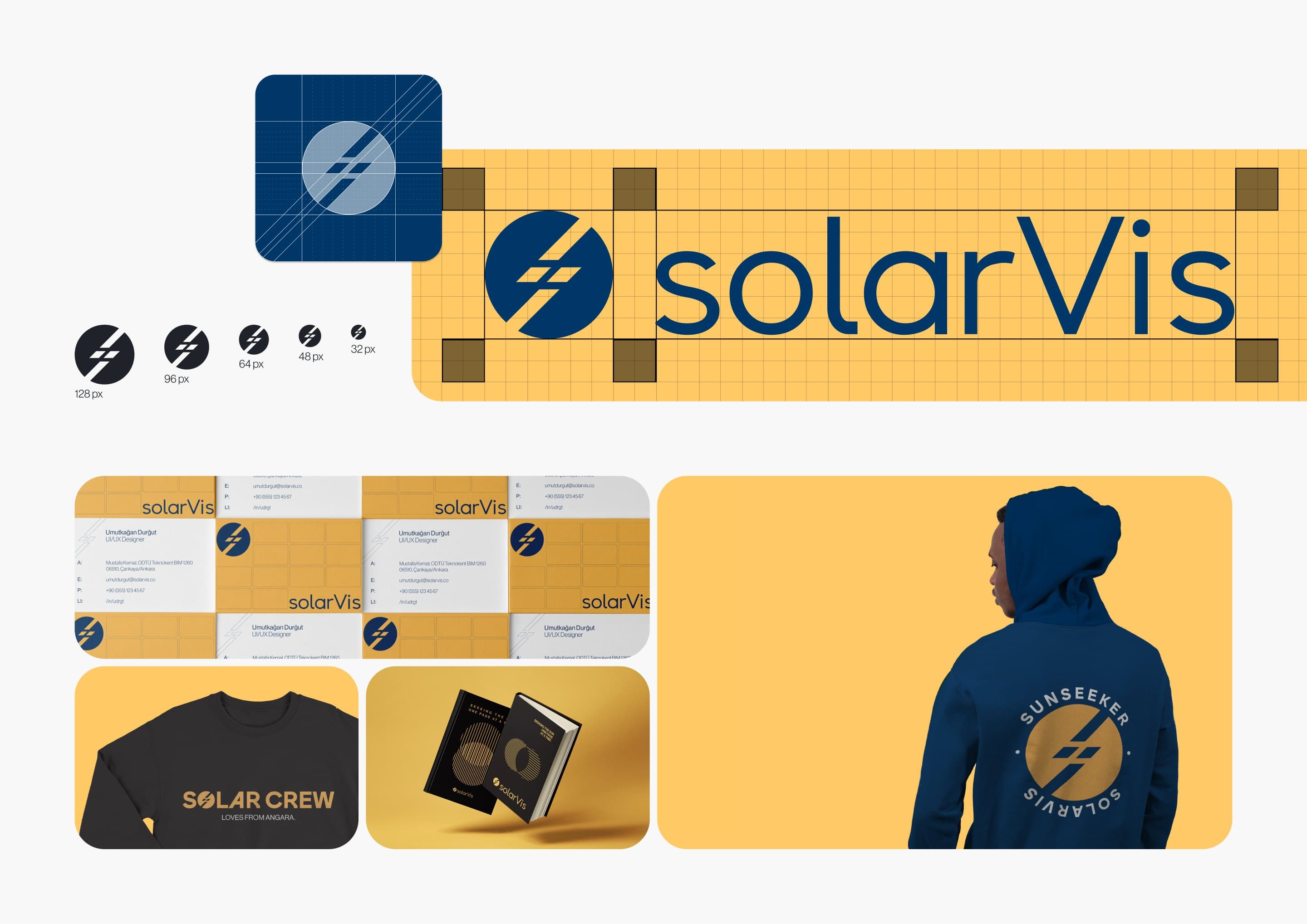 The solarVis mark on its construction grid, the logotype on a yellow grid, the mark at five sizes, and the identity on business cards, a sweatshirt, notebooks and a hoodie