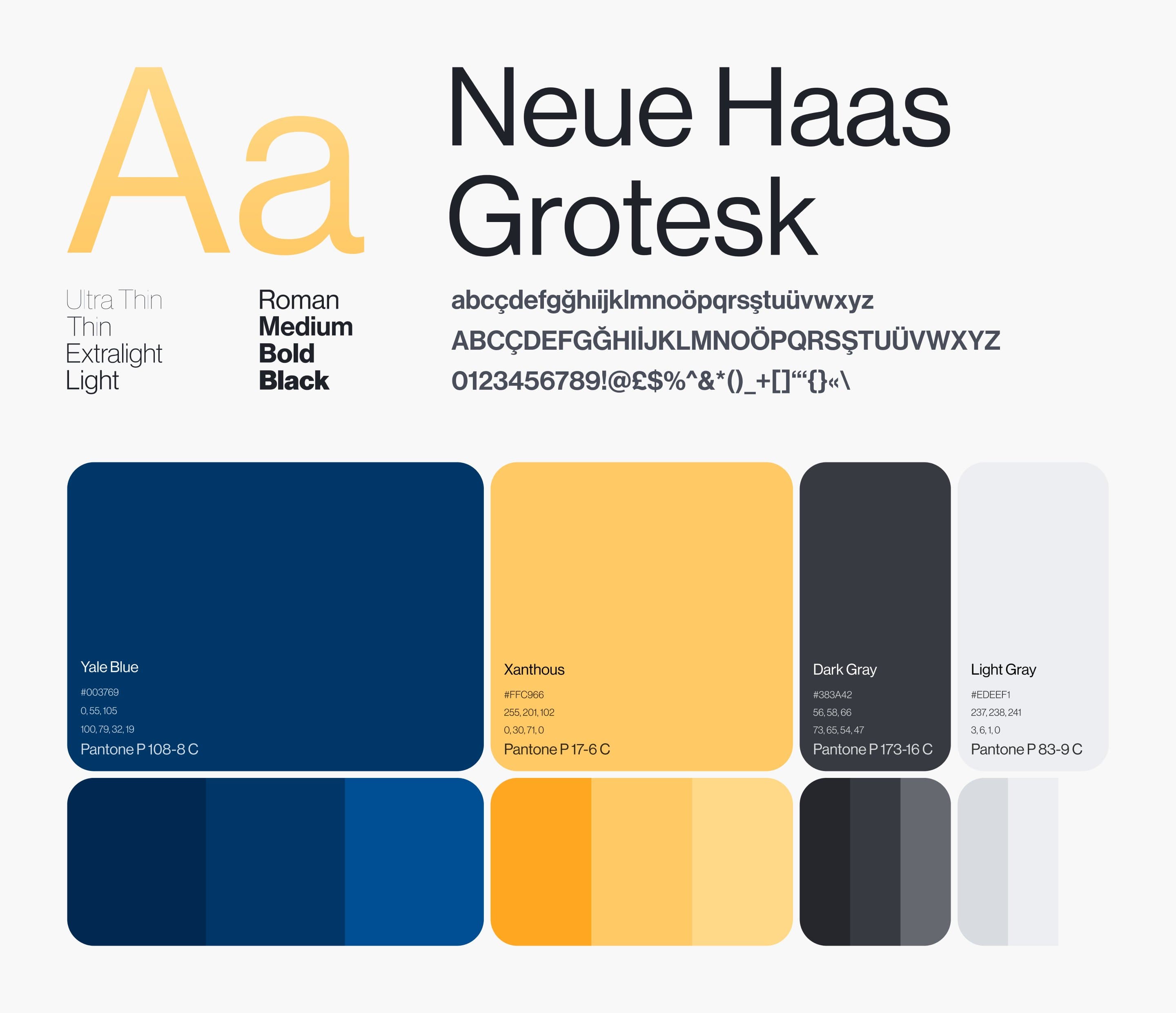 Neue Haas Grotesk in eight weights with its glyphs, and the solarVis palette of blue, yellow, dark gray and light gray with their tints