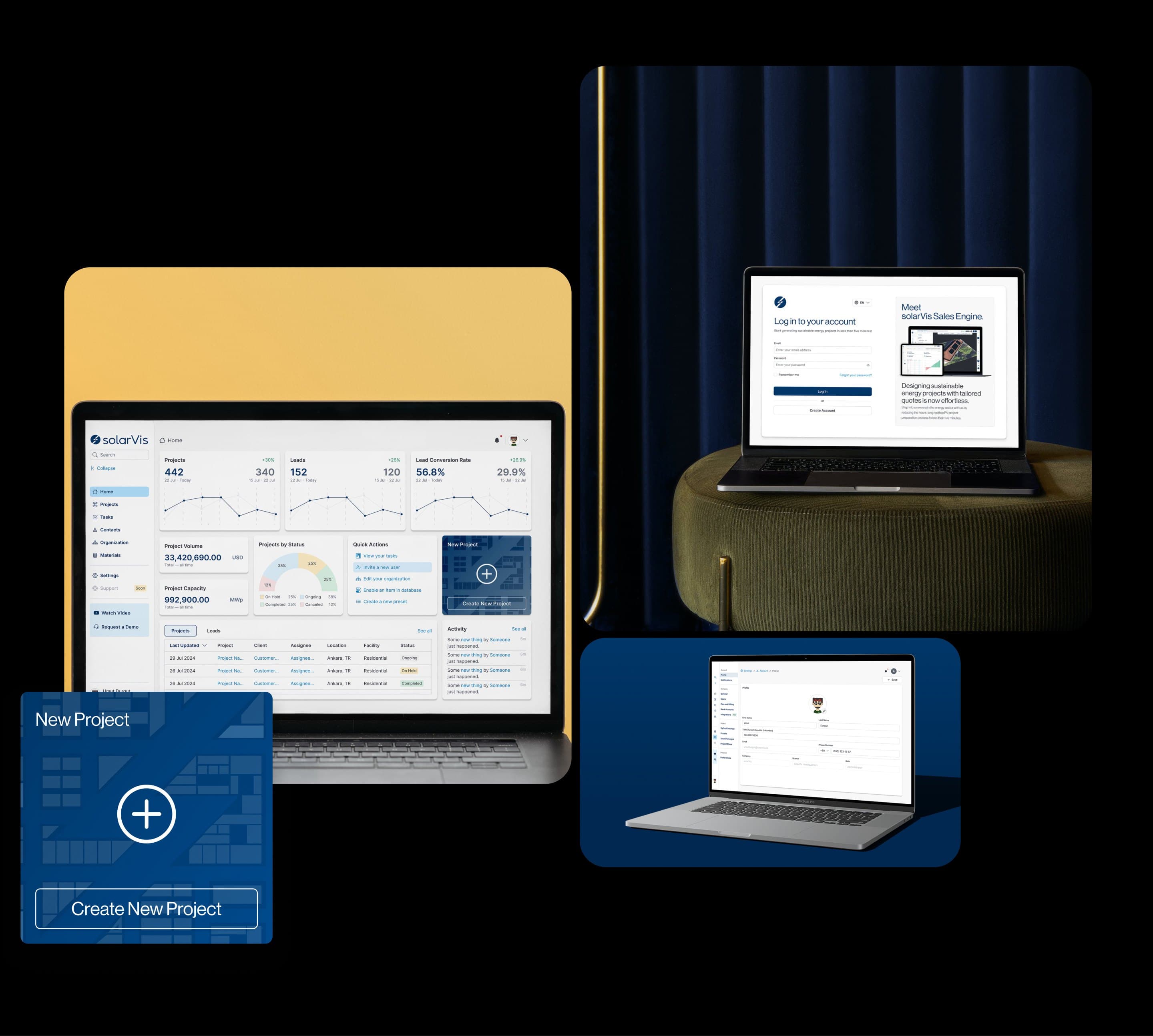 The Sales Engine dashboard on a laptop, the login page in front of a velvet curtain, a profile page, and the Create New Project tile