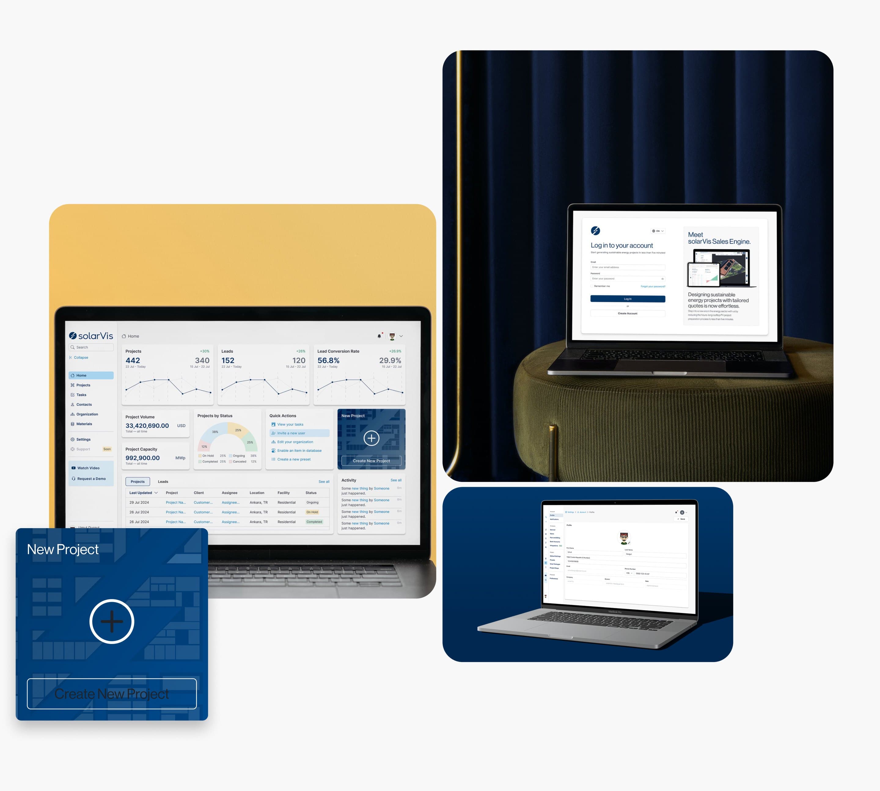 The Sales Engine dashboard on a laptop, the login page in front of a velvet curtain, a profile page, and the Create New Project tile
