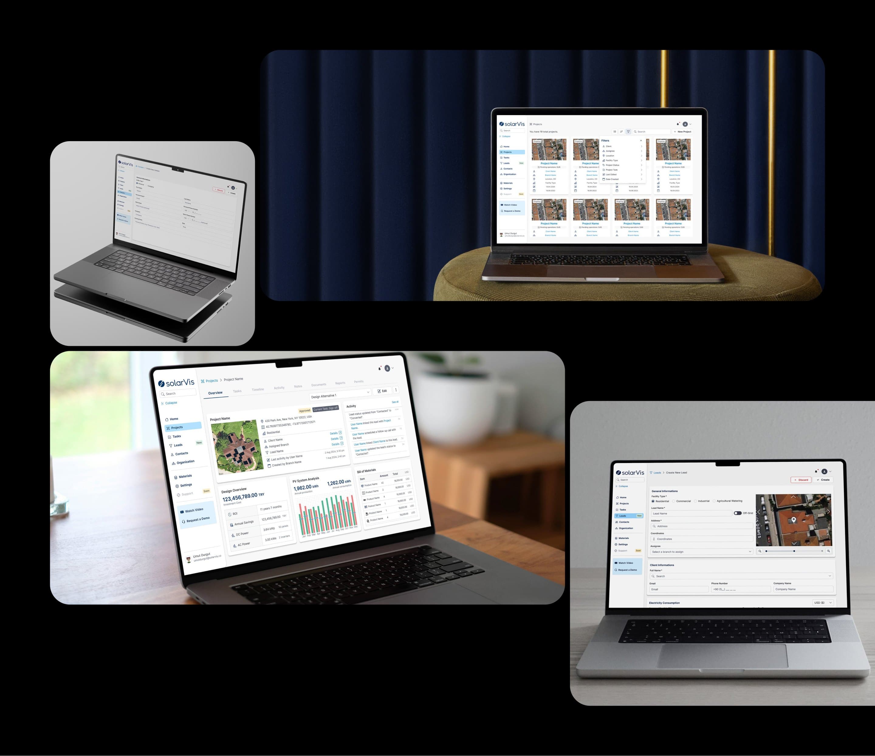 Sales Engine's customer screens on four laptops: a new contact, the projects grid with its filters, a project's overview with its energy analysis, and a new lead placed on a satellite map