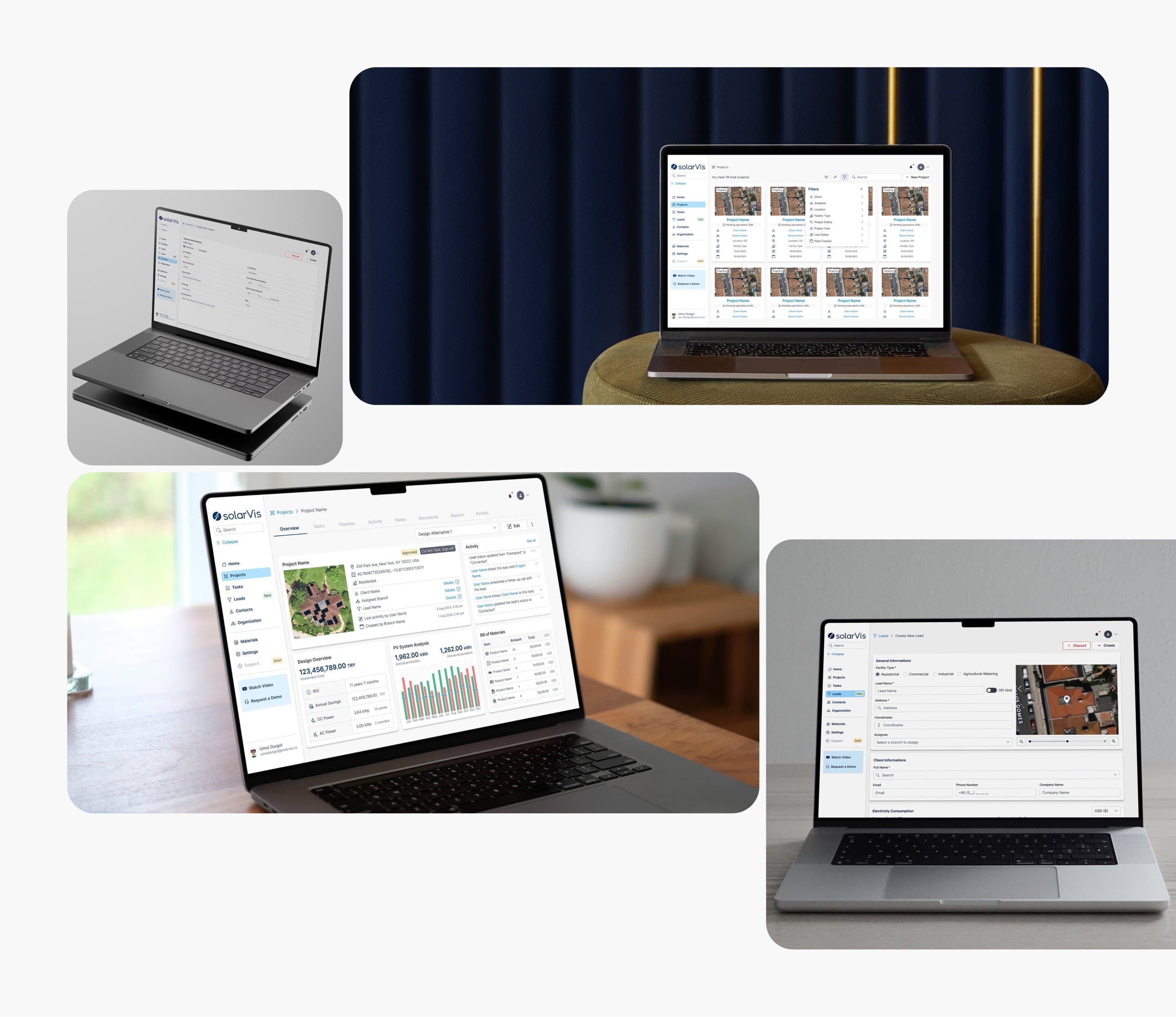 Sales Engine's customer screens on four laptops: a new contact, the projects grid with its filters, a project's overview with its energy analysis, and a new lead placed on a satellite map