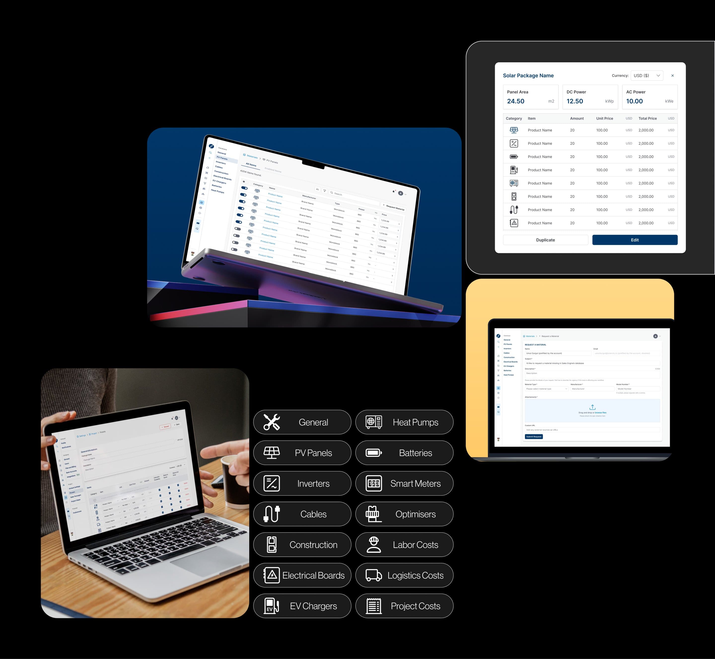 Sales Engine's inventory: the PV panel database, a solar package with its items and prices, the form for requesting a missing material, presets, and the fourteen material categories