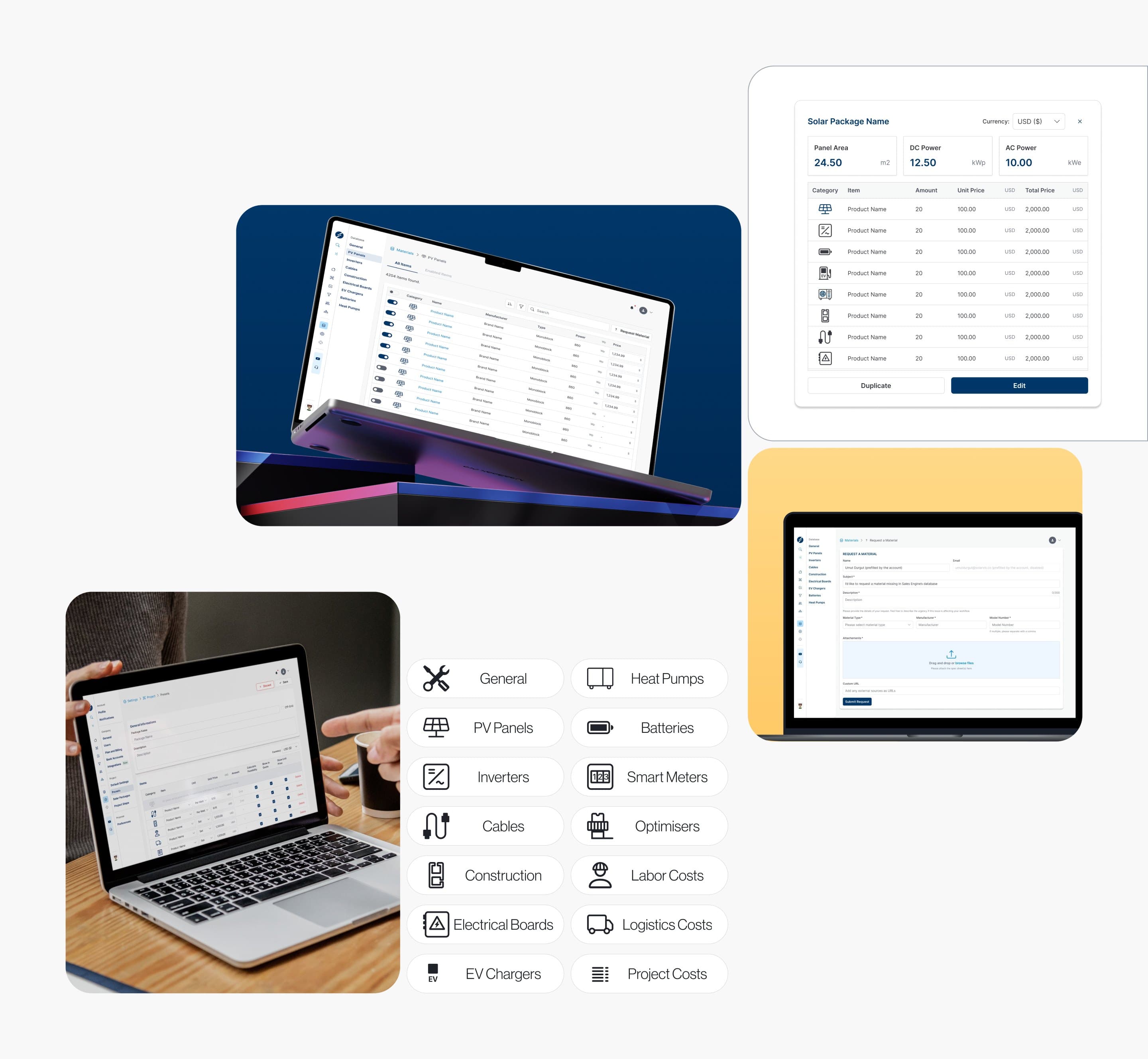 Sales Engine's inventory: the PV panel database, a solar package with its items and prices, the form for requesting a missing material, presets, and the fourteen material categories