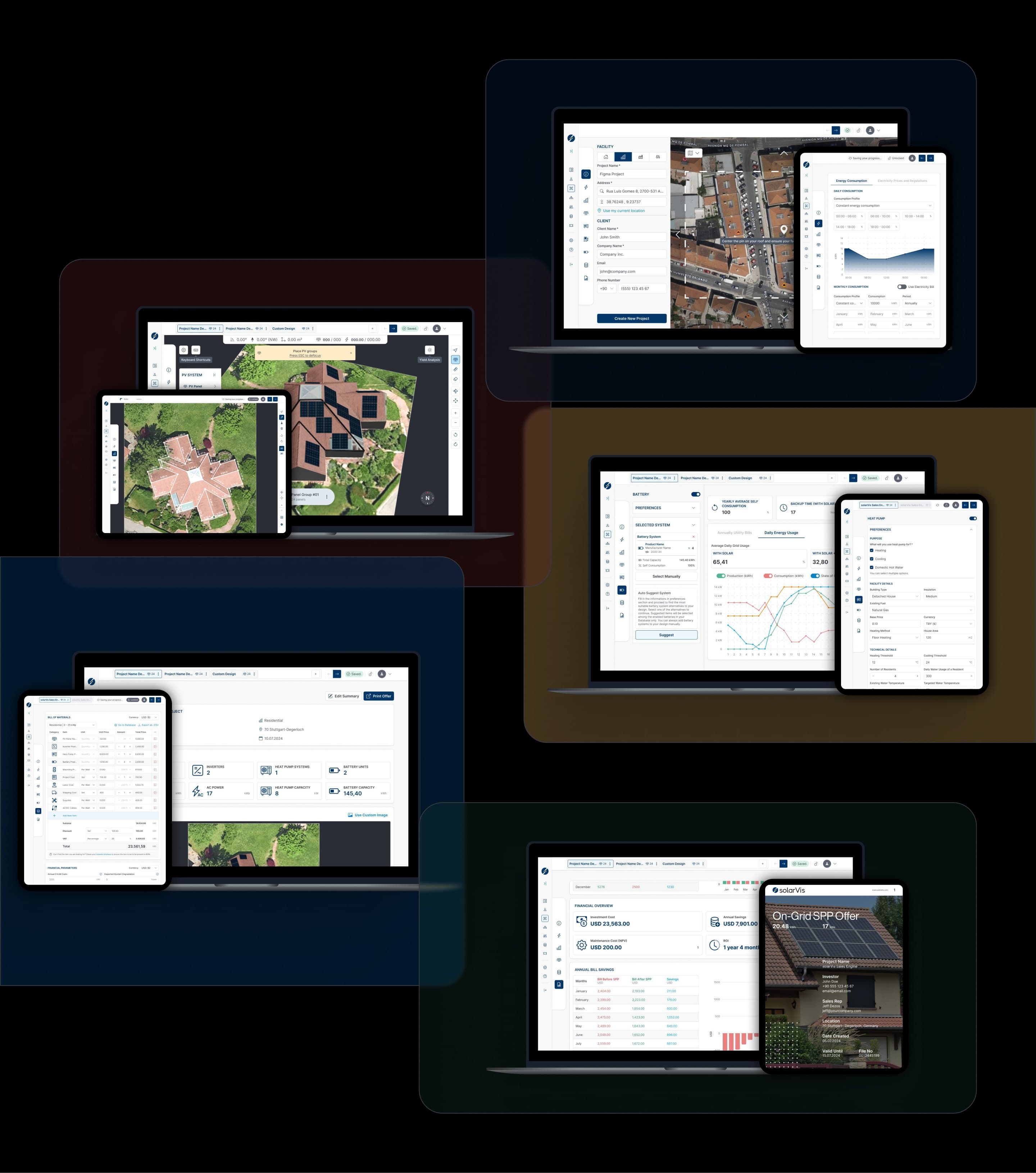 The steps of a Sales Engine project on laptops and tablets: a new project on a satellite map, energy consumption, the 3D roof design, battery and heat pump suggestions, the bill of materials, the financial overview and the proposal cover