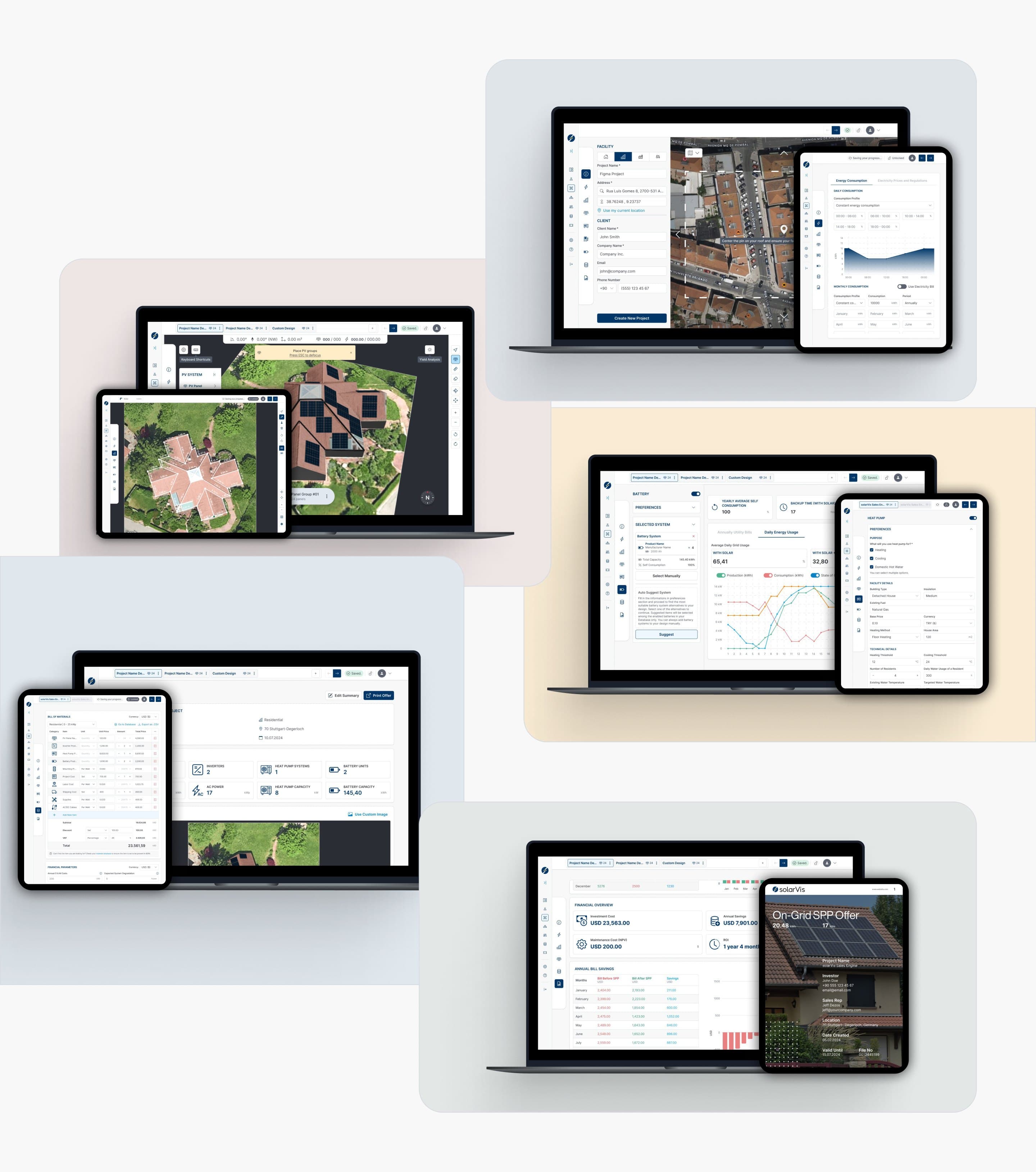 The steps of a Sales Engine project on laptops and tablets: a new project on a satellite map, energy consumption, the 3D roof design, battery and heat pump suggestions, the bill of materials, the financial overview and the proposal cover