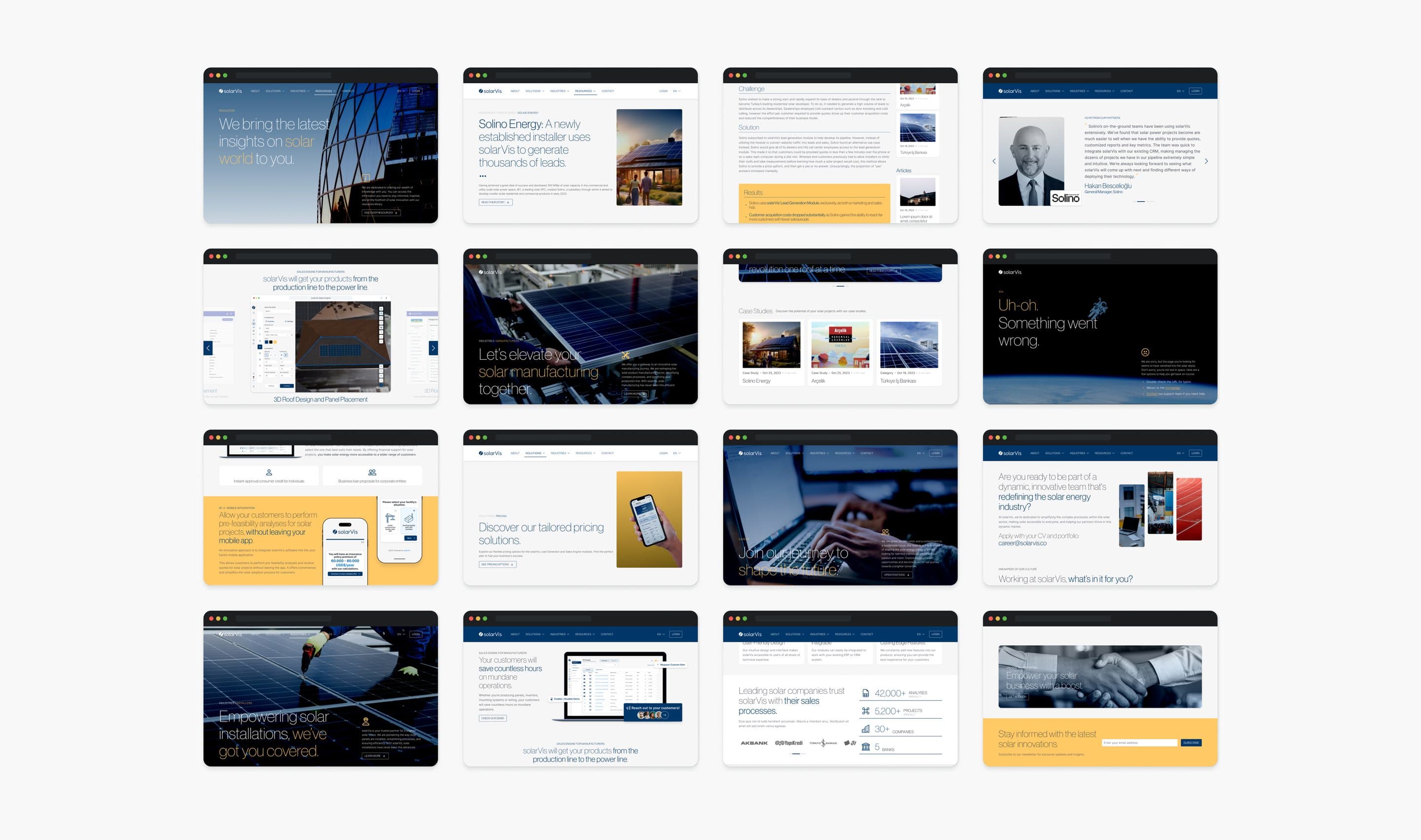 Sixteen pages of the solarVis website, from the home page and solutions to case studies, pricing, careers and the error page