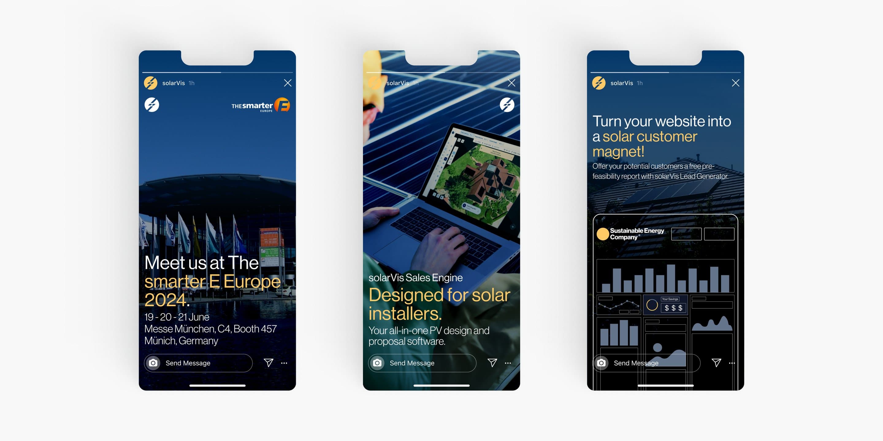 Three solarVis stories on phones: an invitation to The smarter E Europe, Sales Engine for solar installers and the lead generator