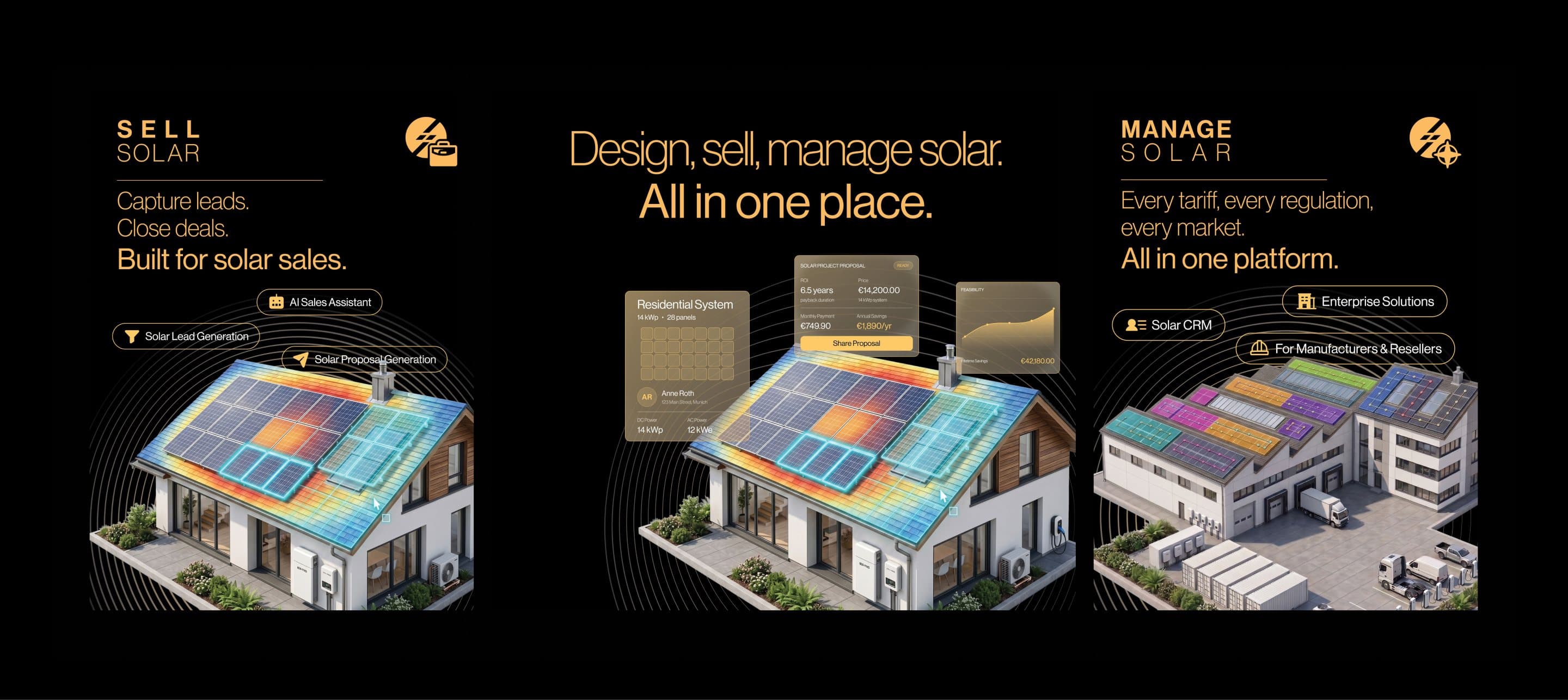 Three solarVis posters for the Intersolar stand, sell solar, design, sell, manage solar and manage solar, each over a rooftop rendered in 3D