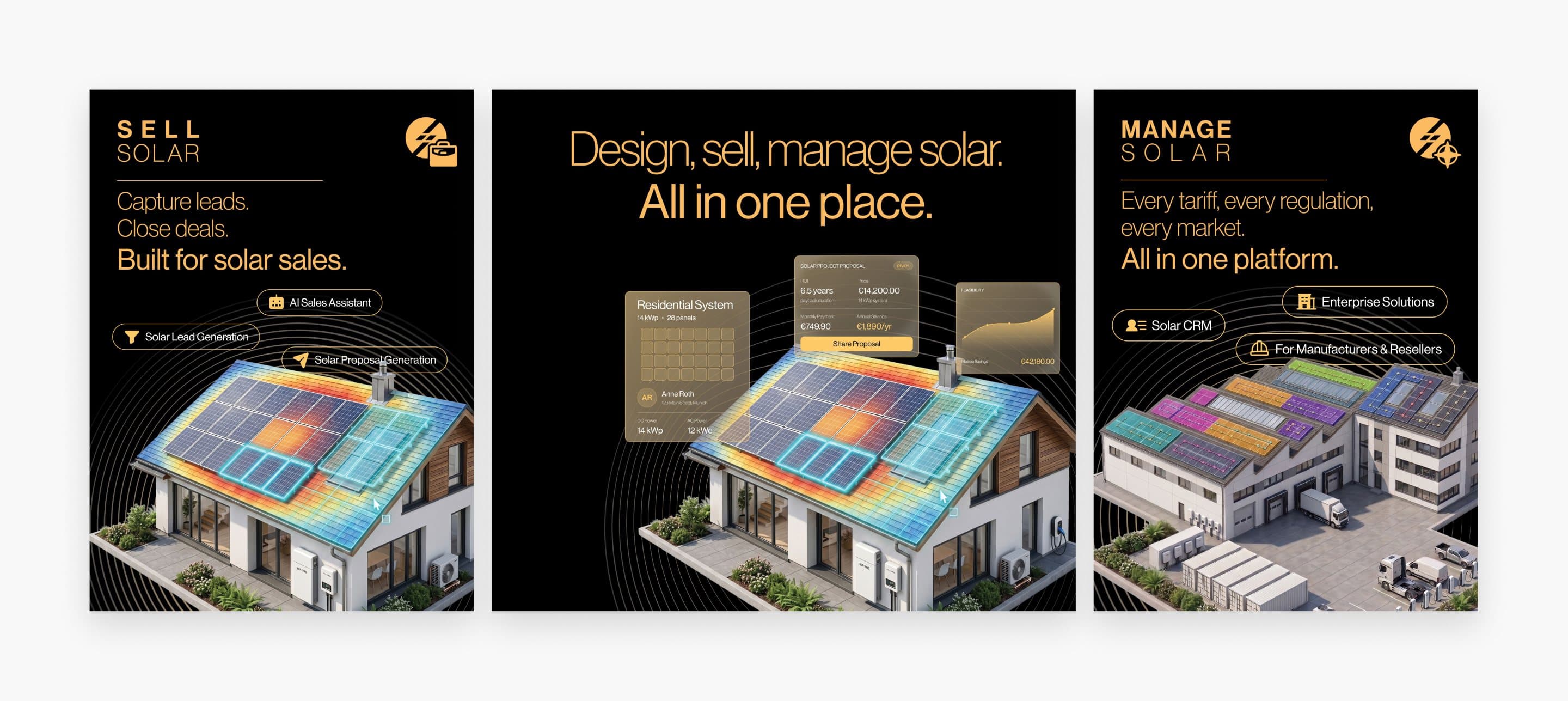 Three solarVis posters for the Intersolar stand, sell solar, design, sell, manage solar and manage solar, each over a rooftop rendered in 3D