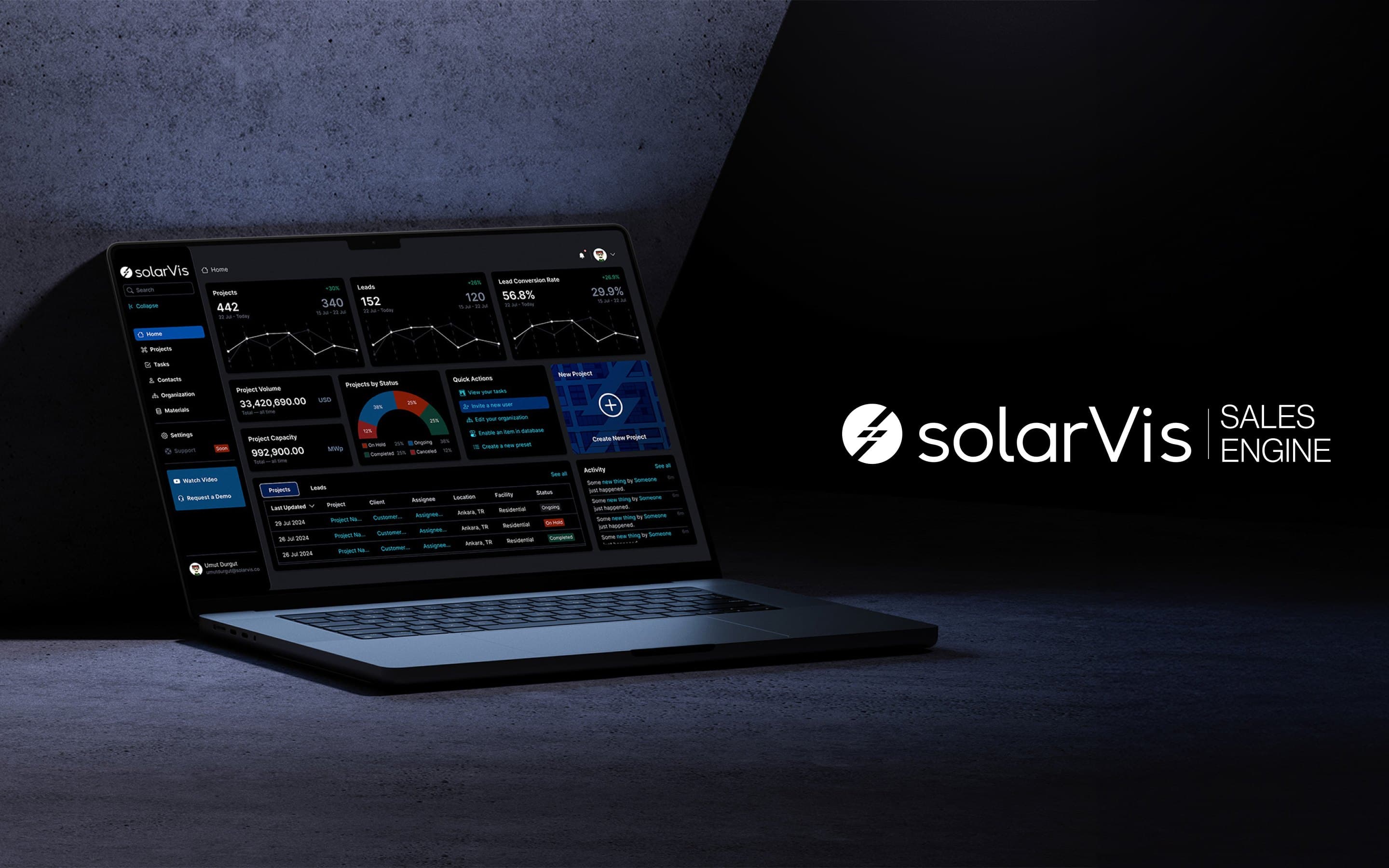 The Sales Engine dashboard on a laptop beside the solarVis Sales Engine lockup