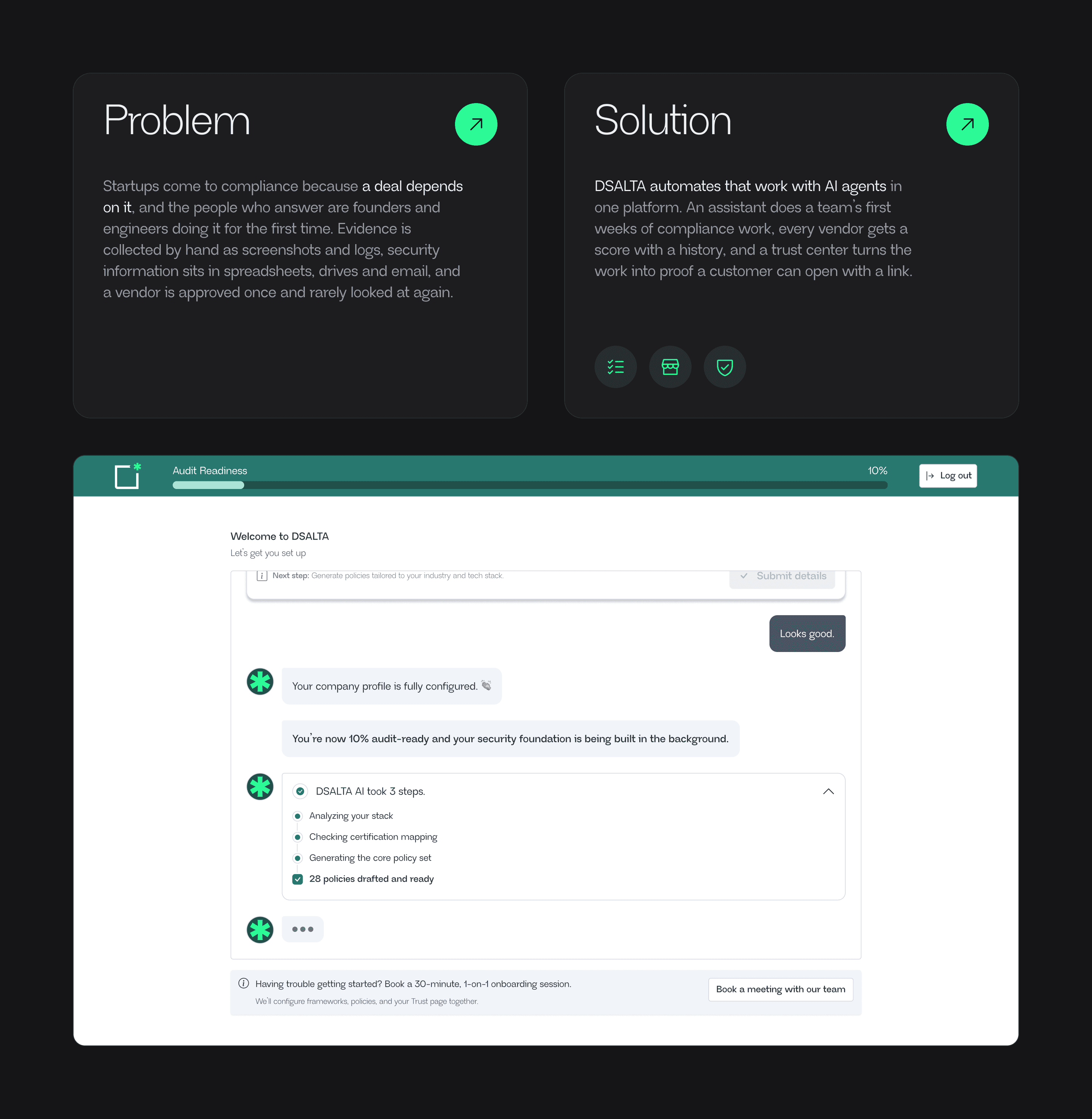 The problem and the solution side by side, the solution's three product areas as icons, above the DSALTA assistant with Kestrel Health's company profile confirmed and 28 policies drafted