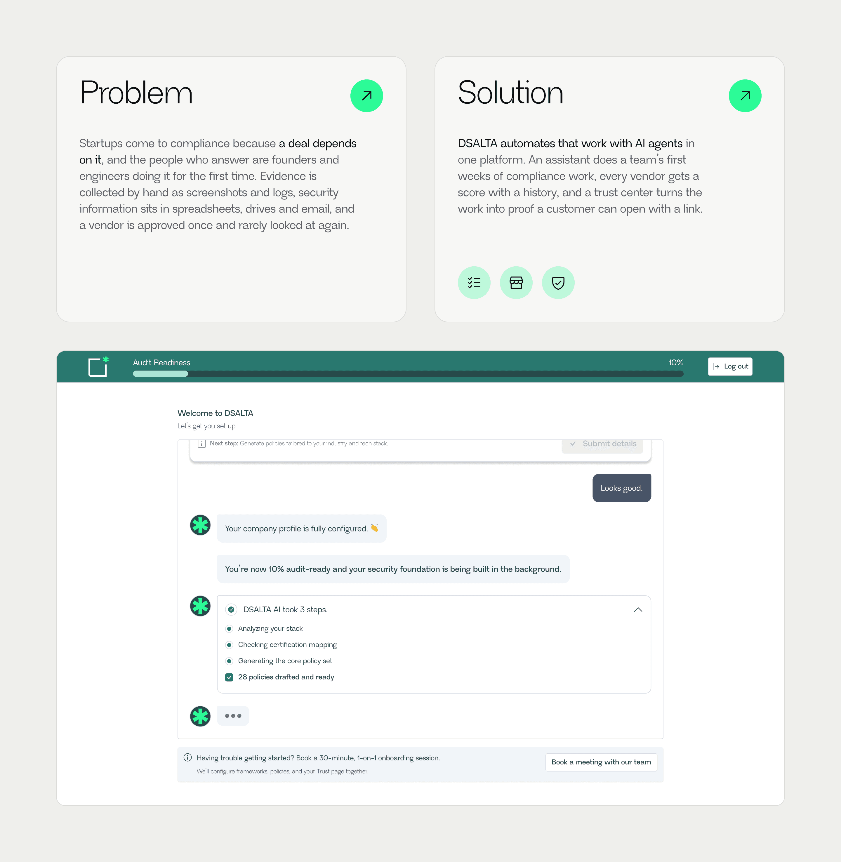 The problem and the solution side by side, the solution's three product areas as icons, above the DSALTA assistant with Kestrel Health's company profile confirmed and 28 policies drafted
