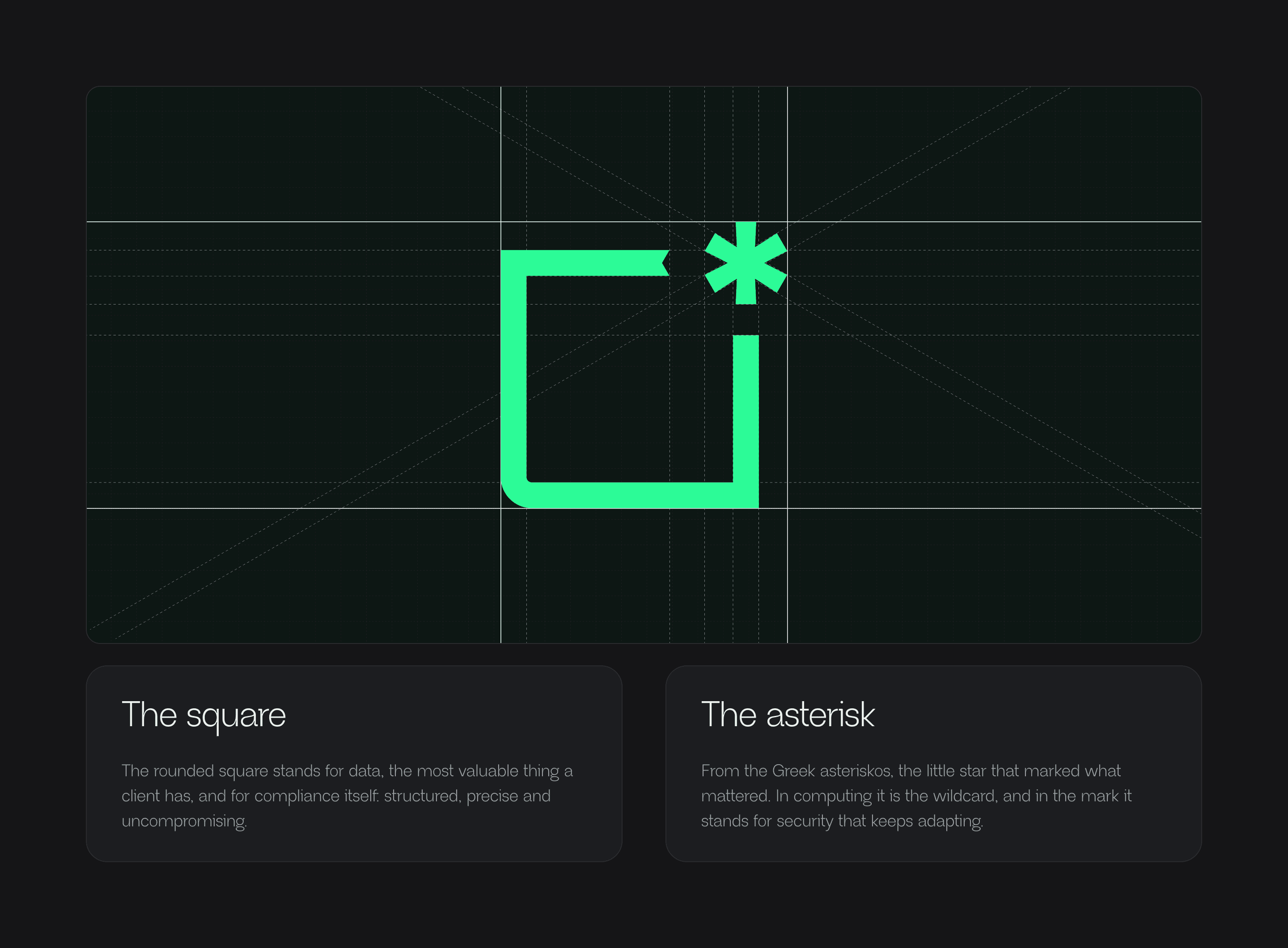 The DSALTA mark on its construction grid, above two cards on what the square and the asterisk stand for