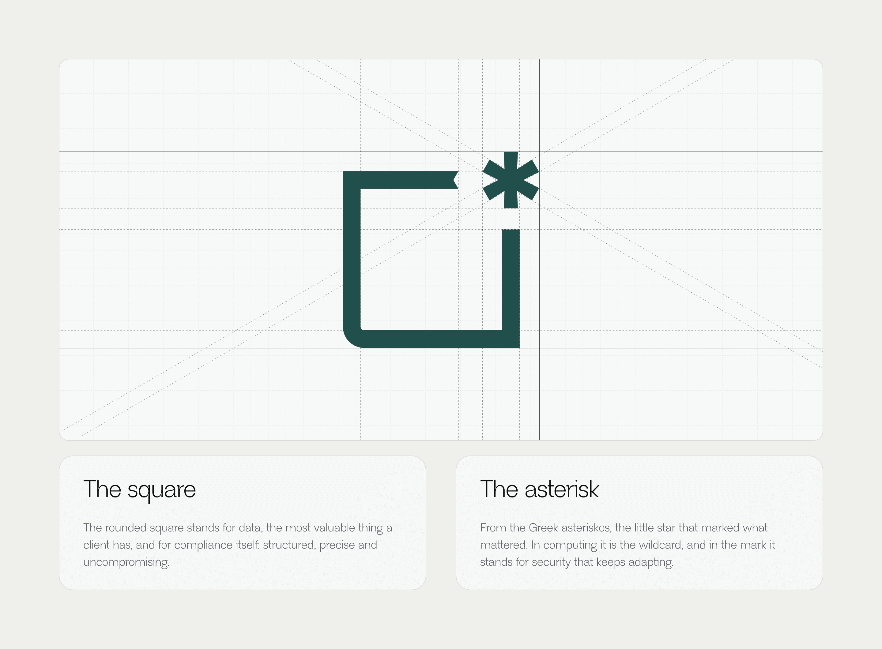 The DSALTA mark on its construction grid, above two cards on what the square and the asterisk stand for