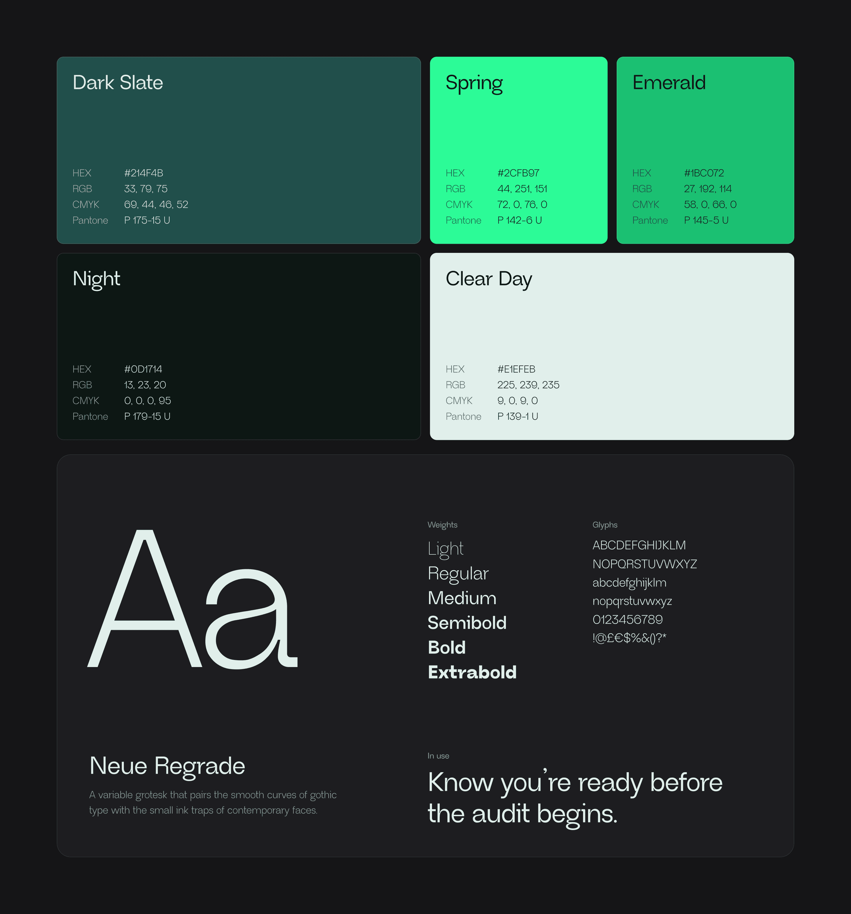 The DSALTA palette, Dark Slate, Spring, Emerald, Night and Clear Day with their values, above Neue Regrade in six weights with its glyphs and a headline