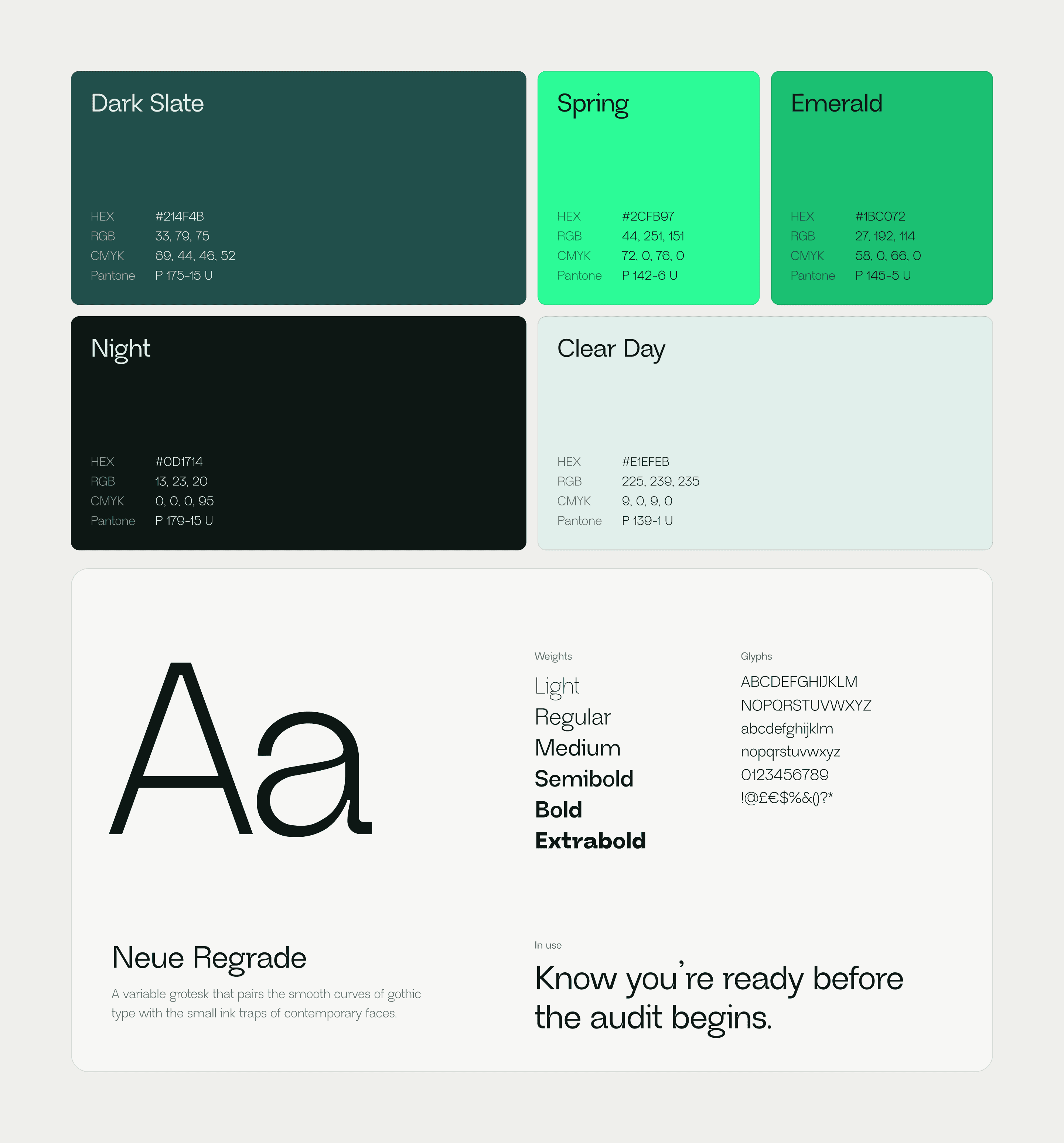 The DSALTA palette, Dark Slate, Spring, Emerald, Night and Clear Day with their values, above Neue Regrade in six weights with its glyphs and a headline