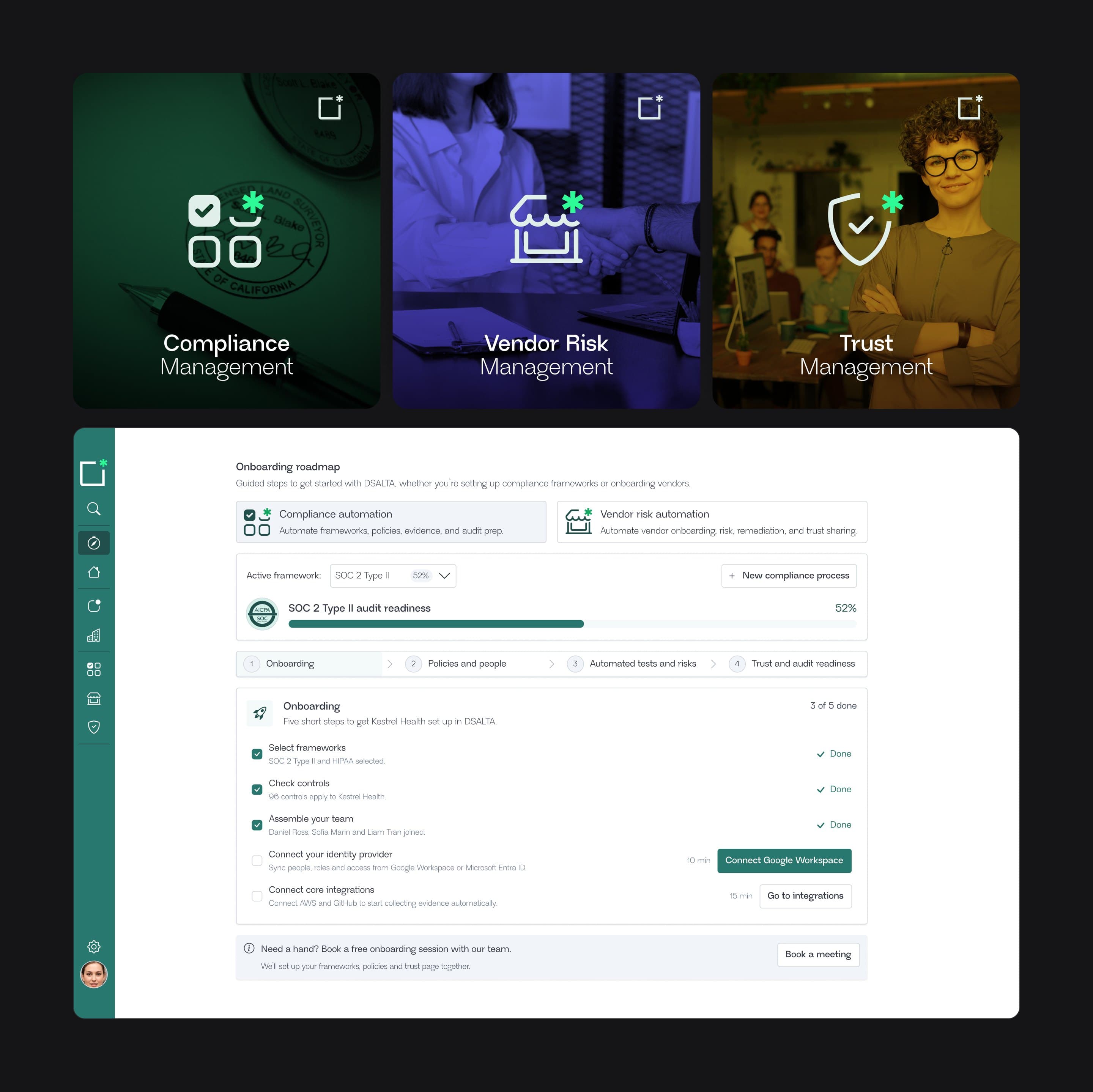 The three product area cards, compliance, vendor risk and trust, above the onboarding roadmap at 52% audit readiness