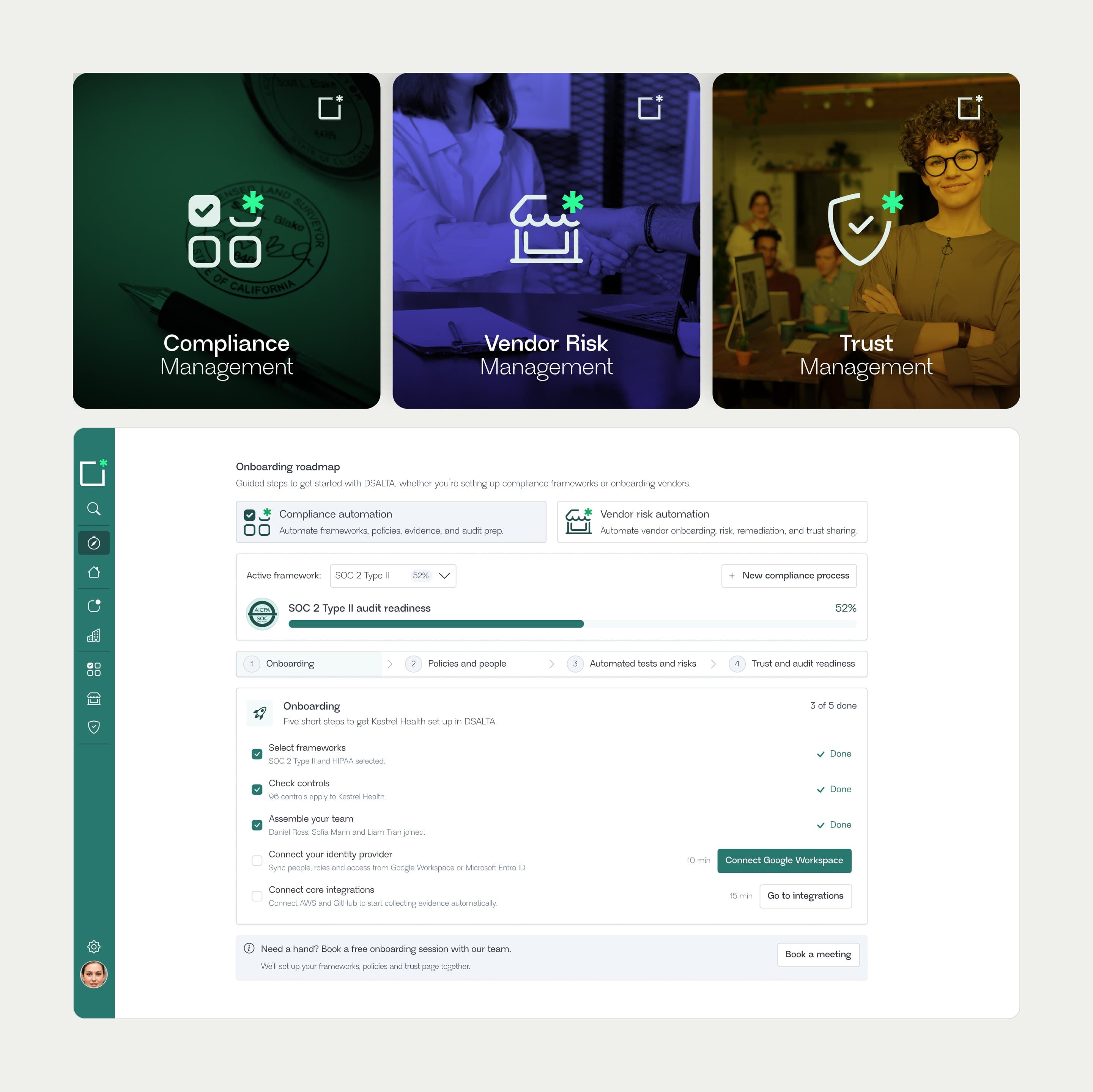 The three product area cards, compliance, vendor risk and trust, above the onboarding roadmap at 52% audit readiness