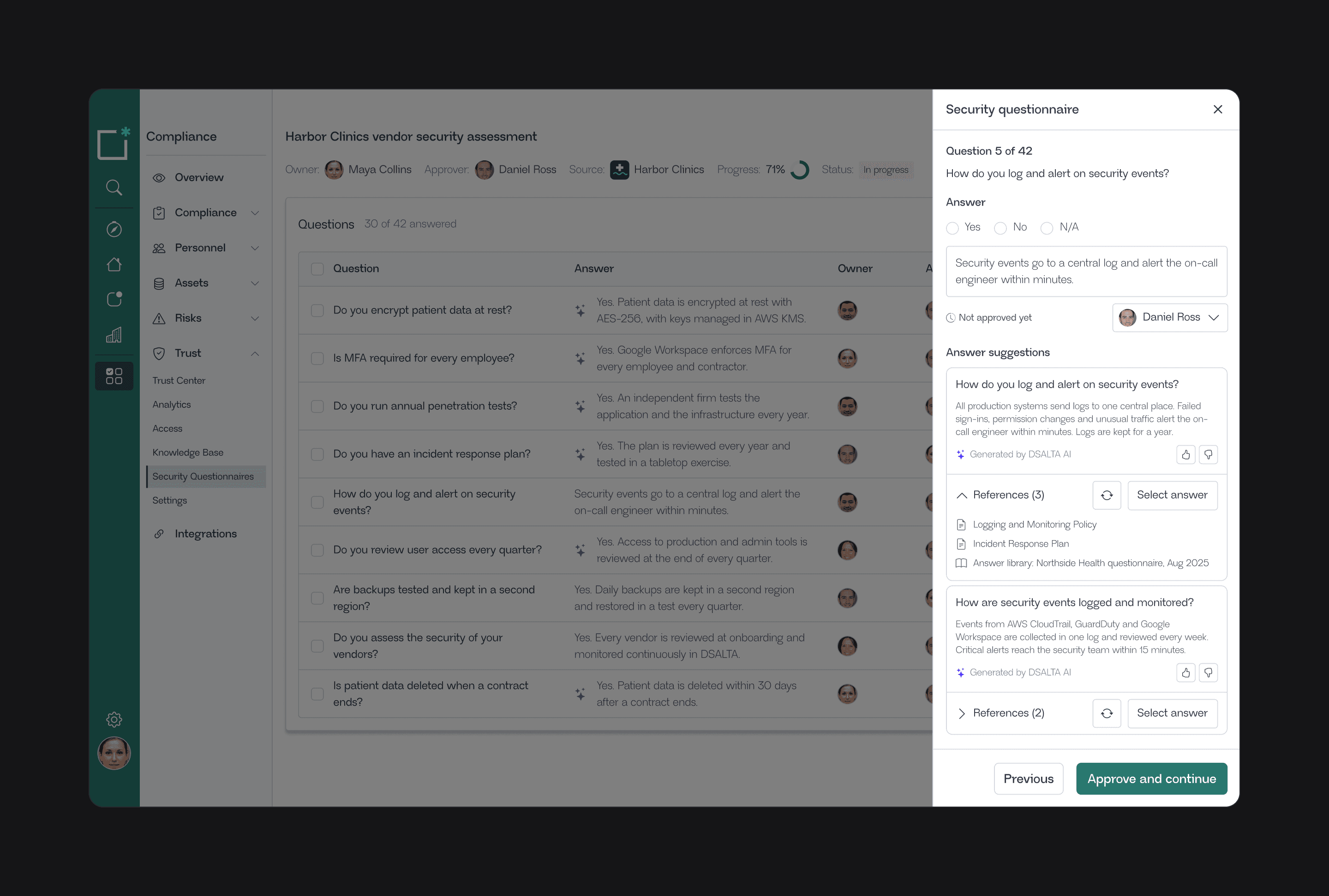 A security questionnaire from Harbor Clinics with the answer drawer open: two answers drafted by DSALTA AI for a question on security logging, each with its references, waiting for approval