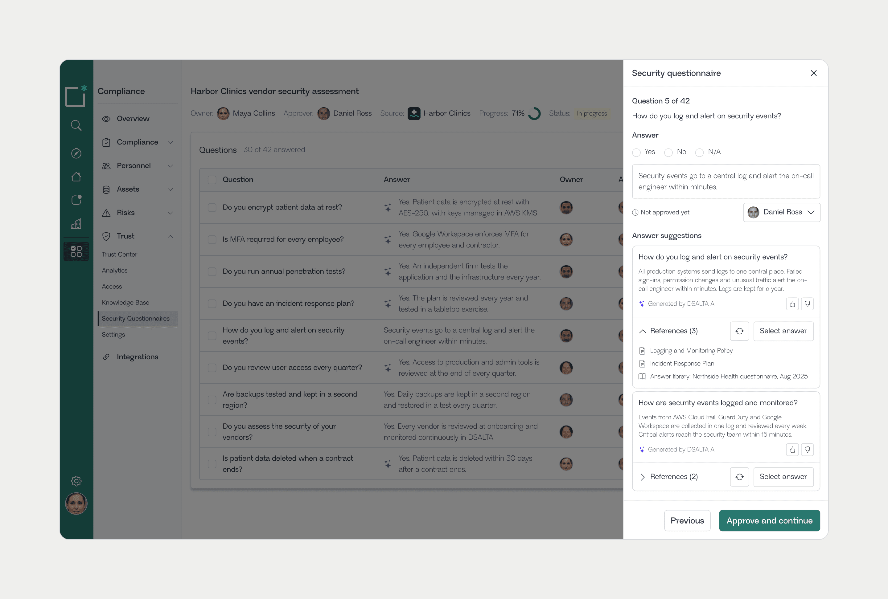 A security questionnaire from Harbor Clinics with the answer drawer open: two answers drafted by DSALTA AI for a question on security logging, each with its references, waiting for approval