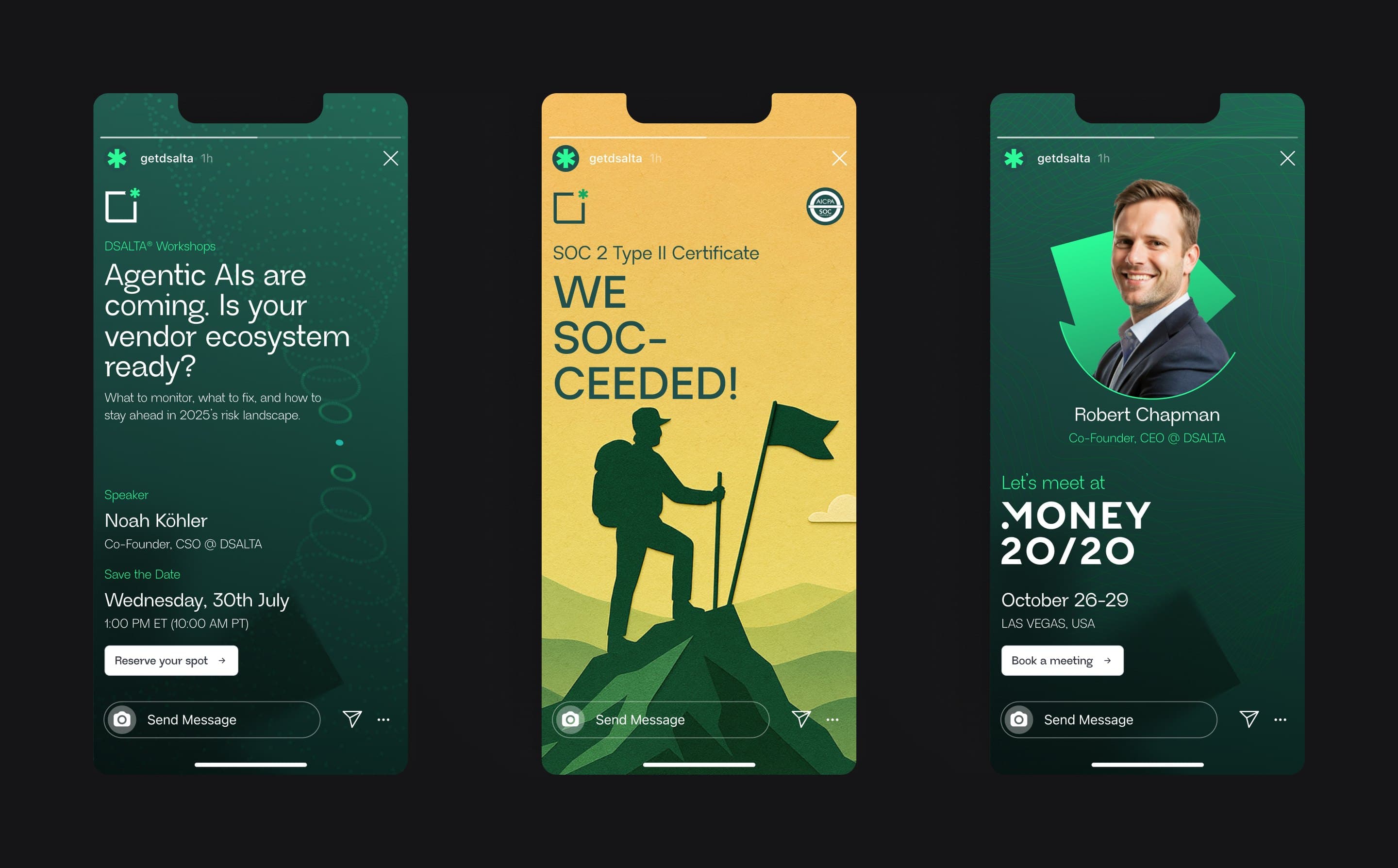 Three DSALTA social stories on phones: a workshop invitation, a SOC 2 announcement and an invitation to meet at an event
