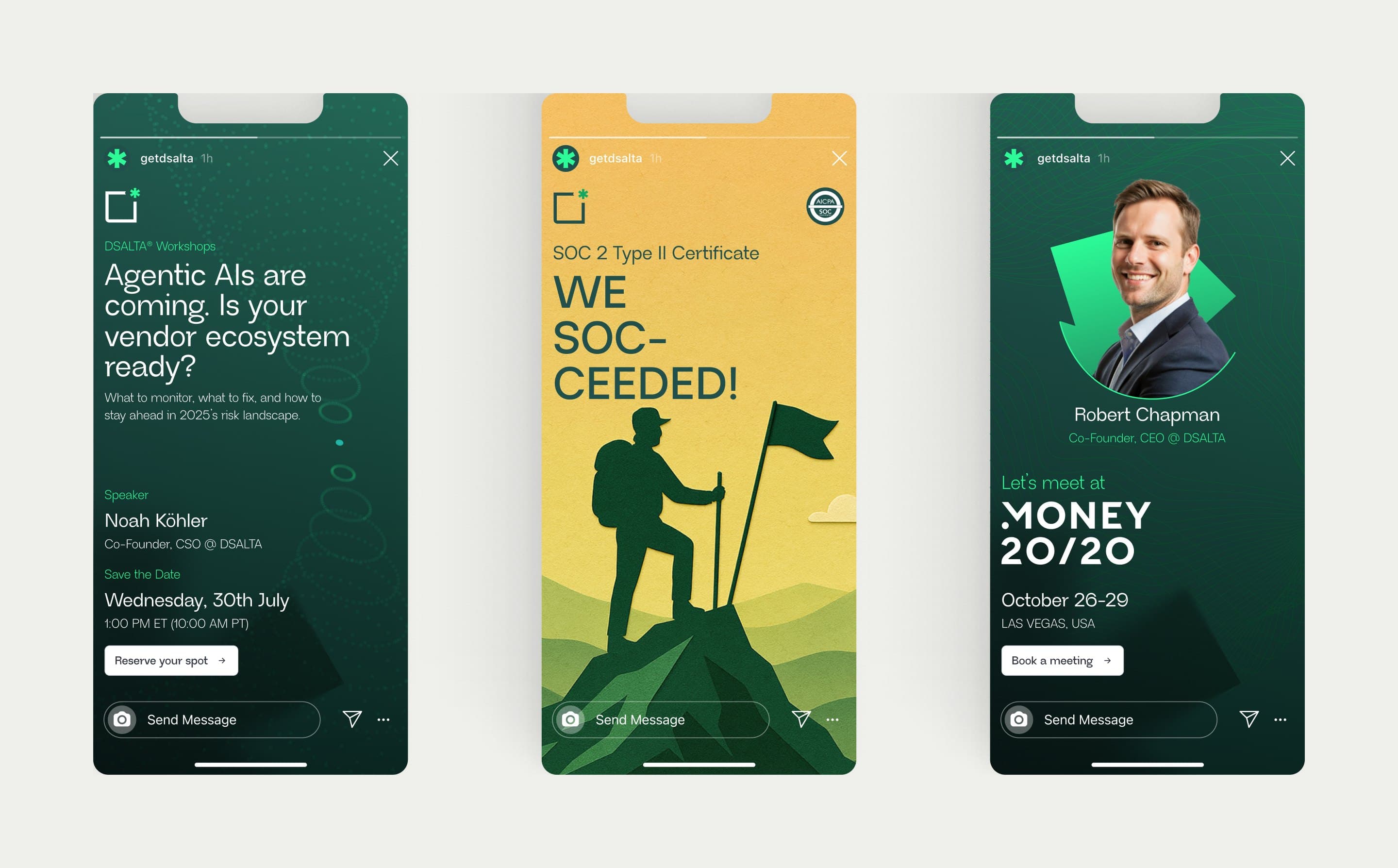 Three DSALTA social stories on phones: a workshop invitation, a SOC 2 announcement and an invitation to meet at an event