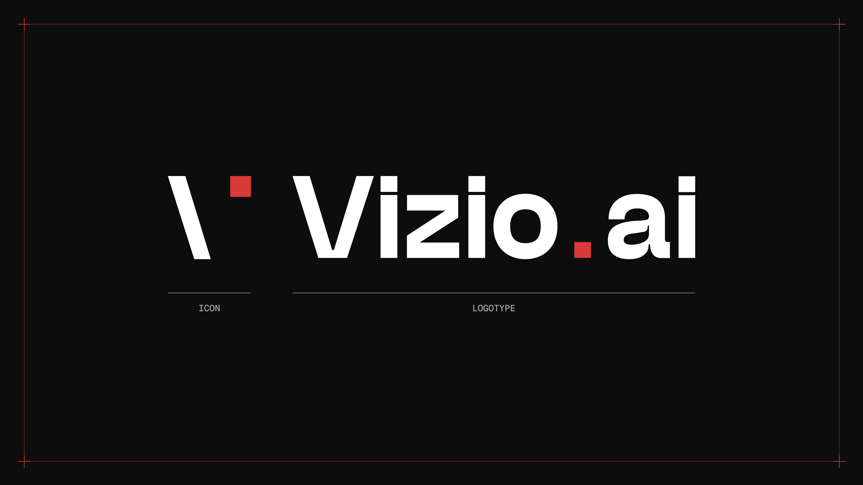 The Vizio.ai lockup taken apart: the backslash-and-square icon and the wordmark with its red full stop