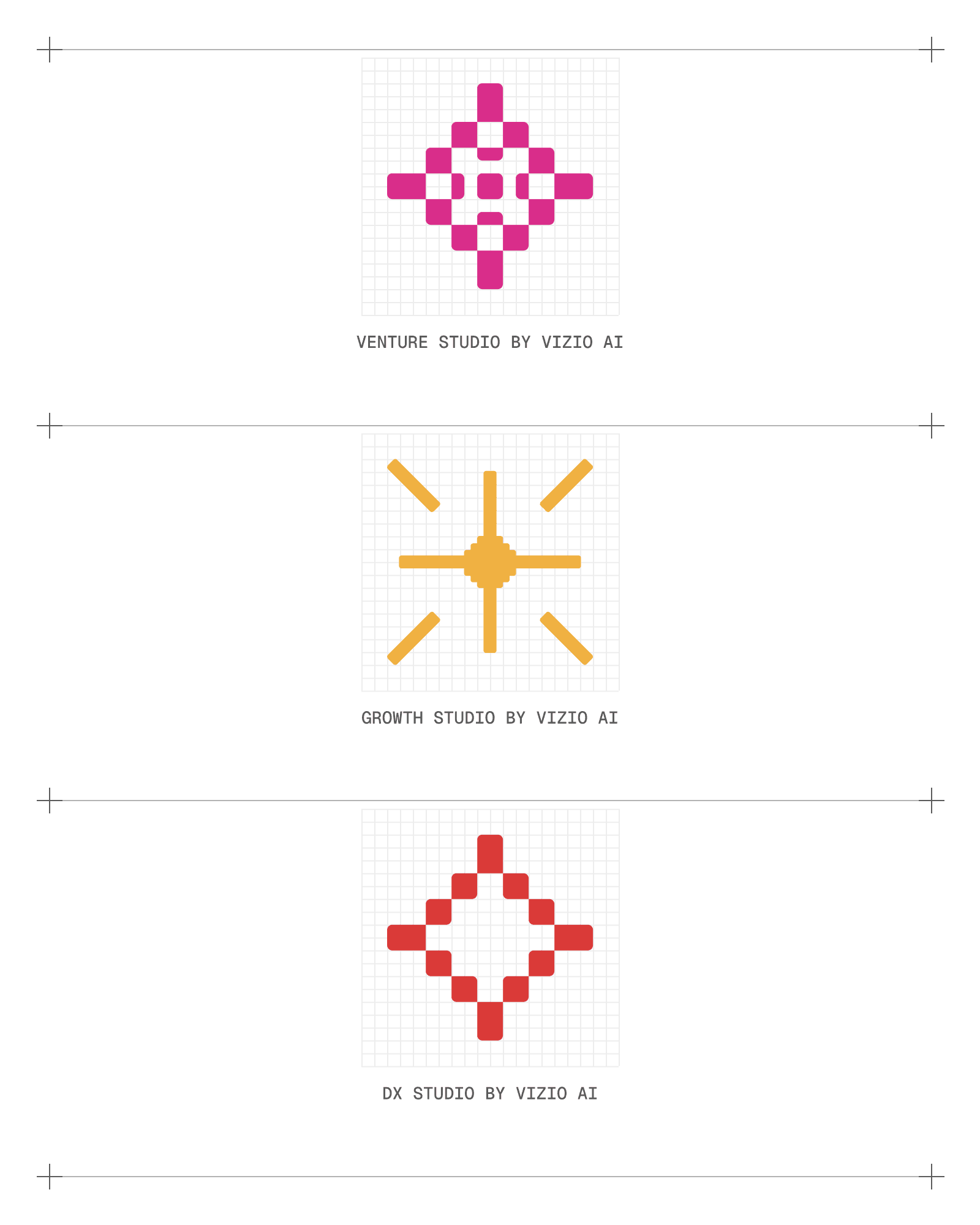 The three studio icons drawn on one pixel grid: Venture Studio in pink, Growth Studio in yellow and DX Studio in red