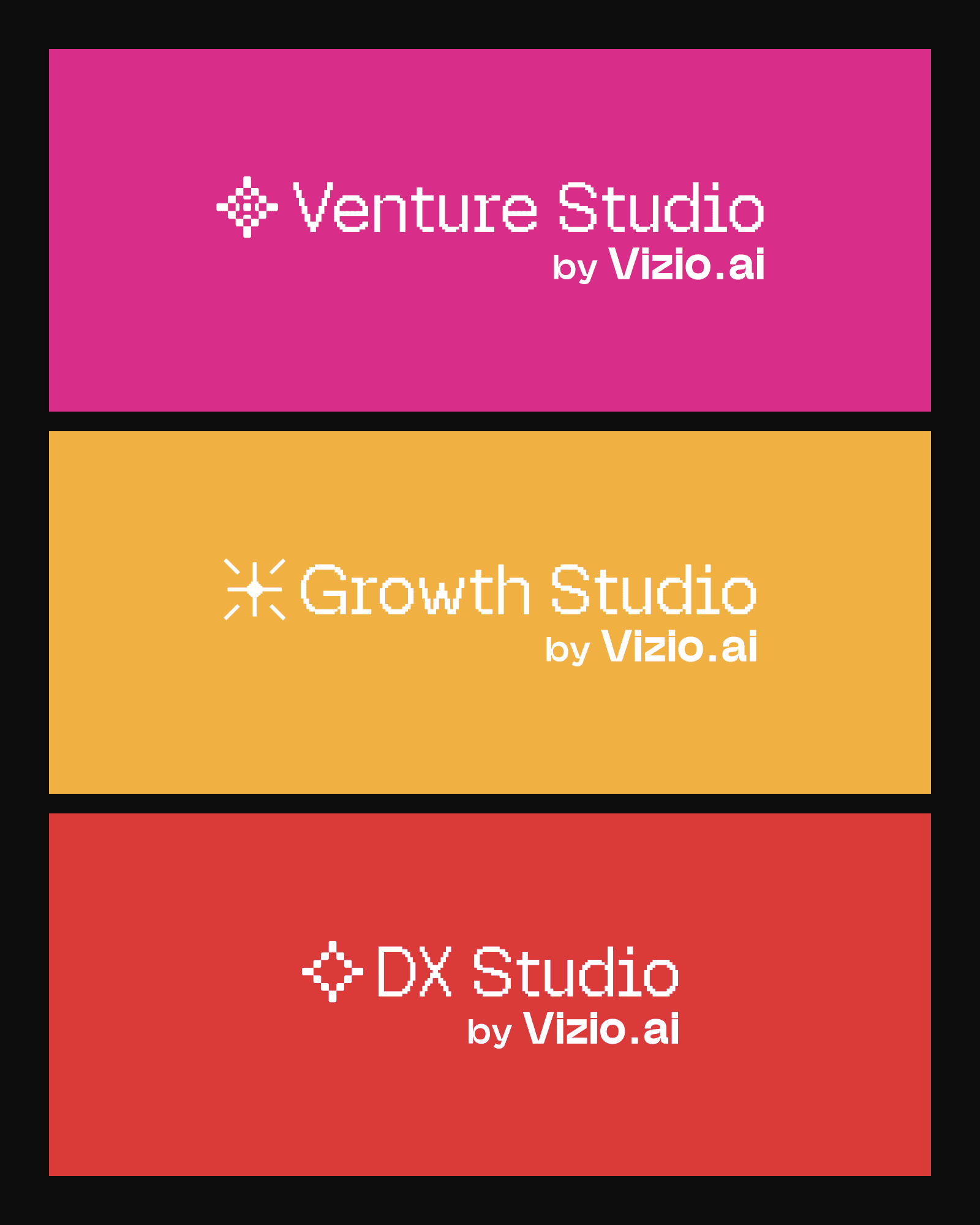 The three studio lockups in white on their own colors: Venture Studio, Growth Studio and DX Studio, each by Vizio.ai
