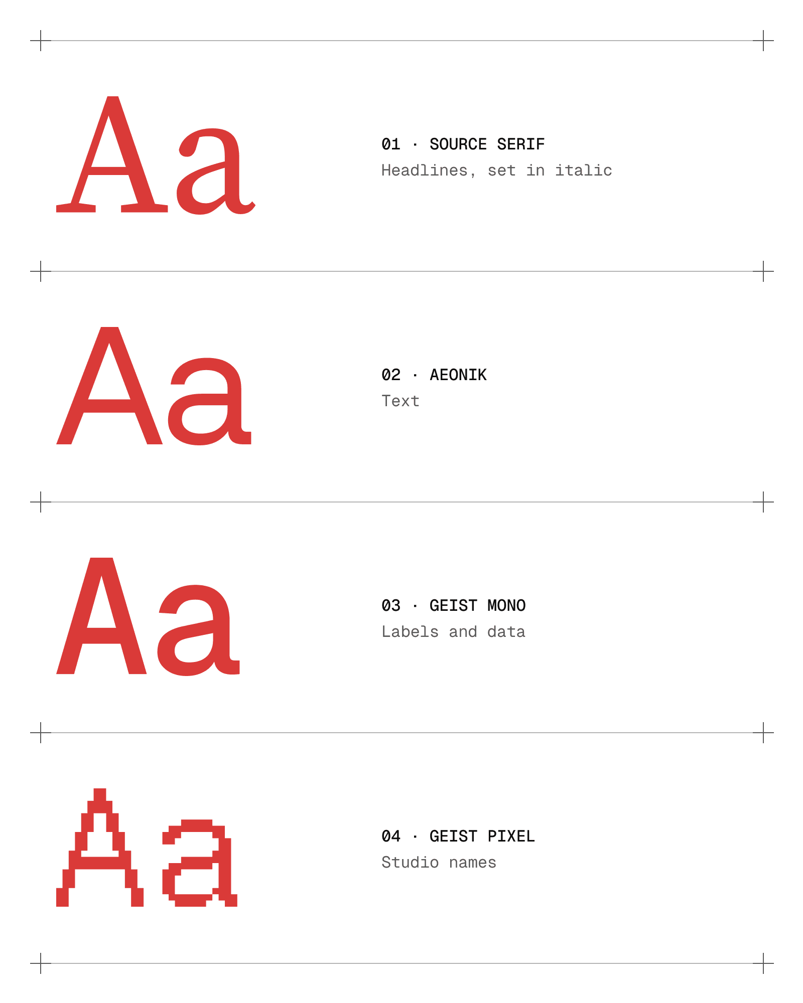 The four typefaces: Source Serif for italic headlines, Aeonik for text, Geist Mono for labels and data, and Geist Pixel for studio names