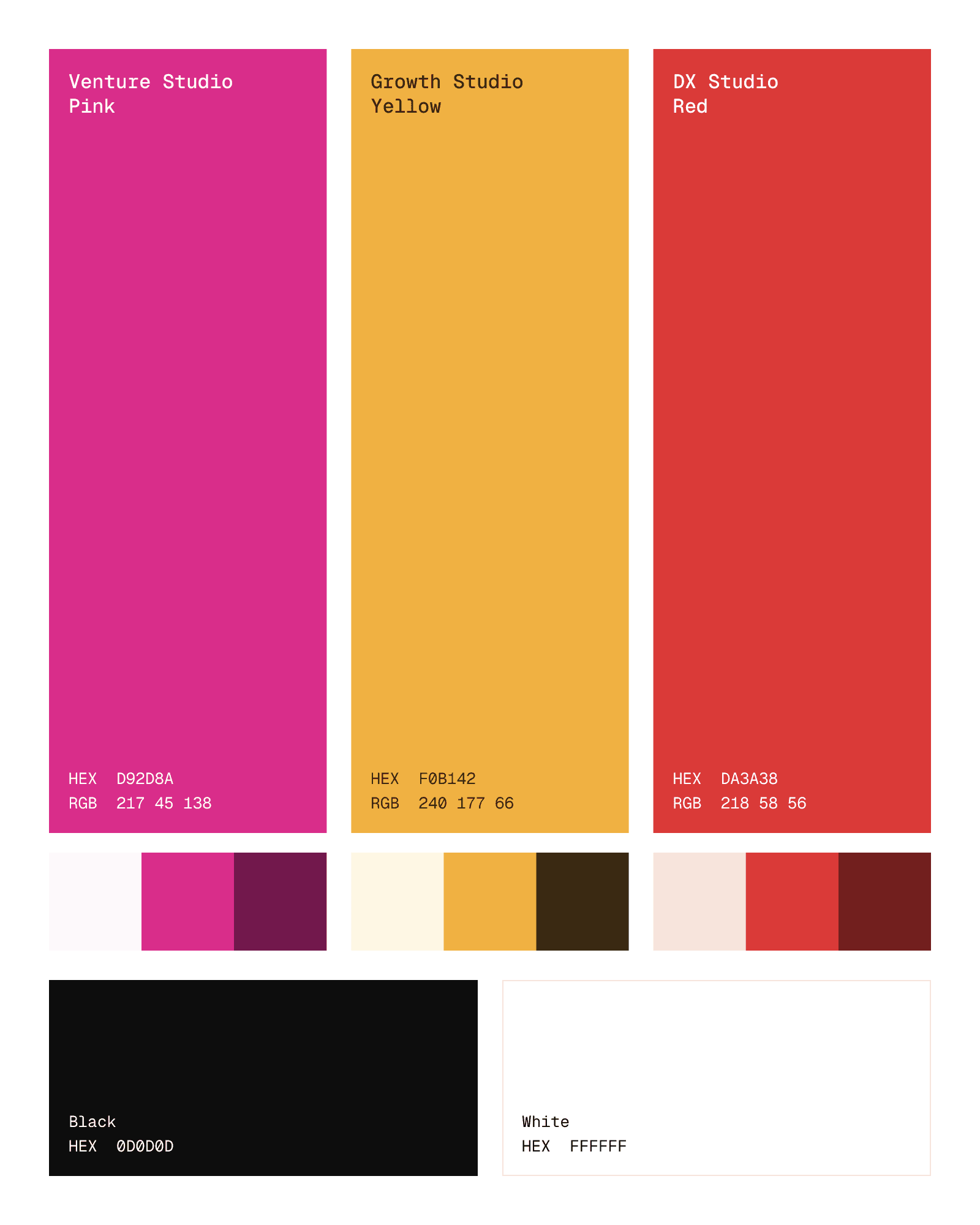 The studio colors with their values and their tints and shades: Venture Studio pink, Growth Studio yellow and DX Studio red, above black and white