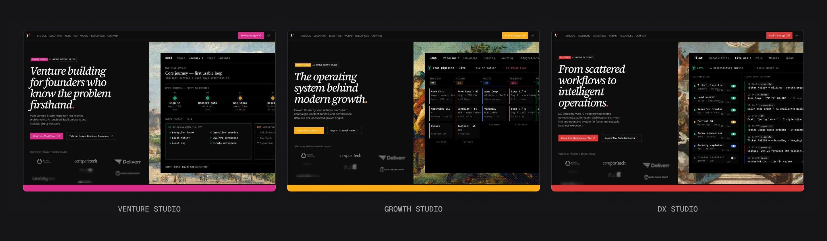 The Venture Studio, Growth Studio and DX Studio pages on Vizio.ai side by side: one layout in three accents