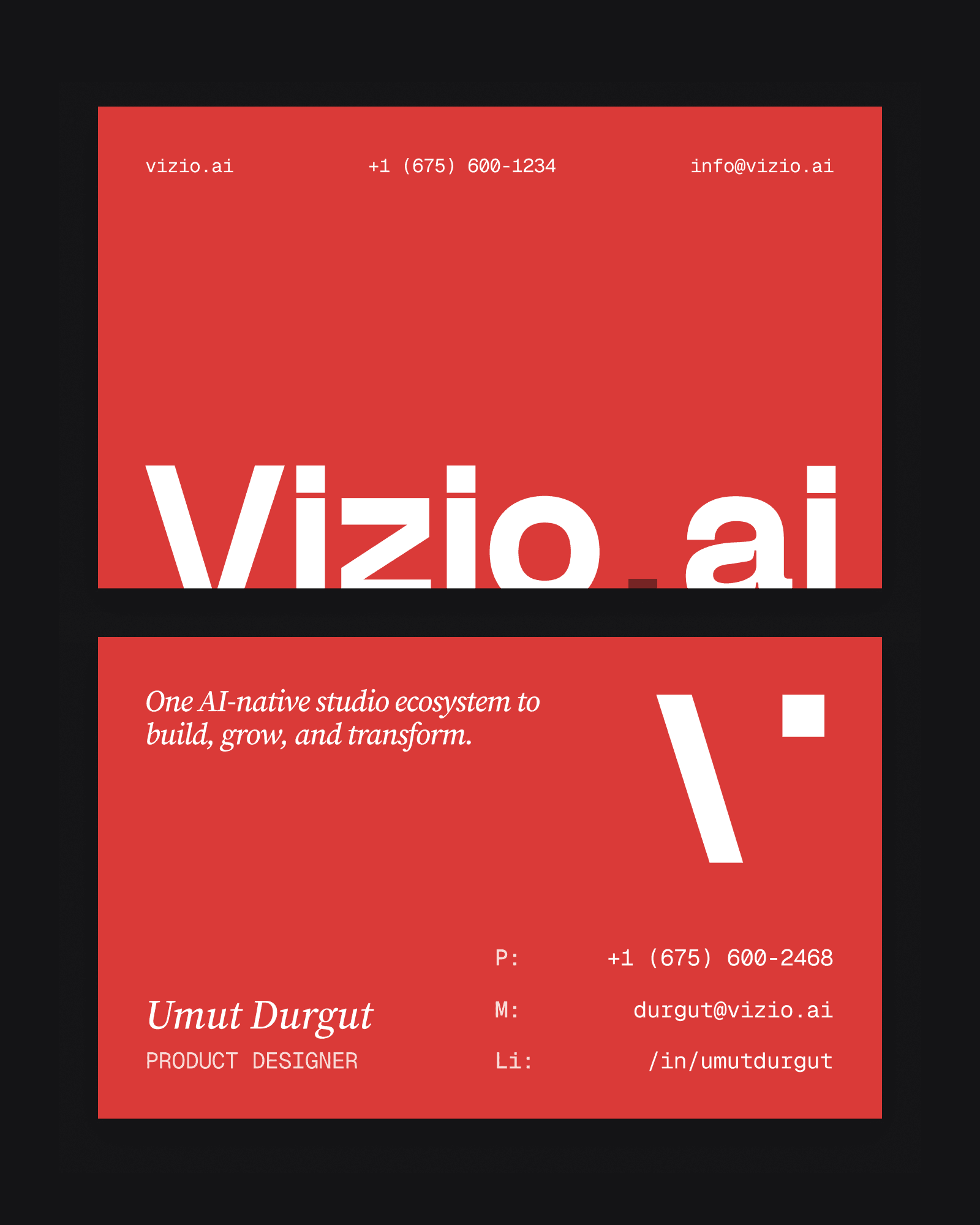 A red Vizio AI business card: the wordmark on the front, and a name, title and contact details on the back