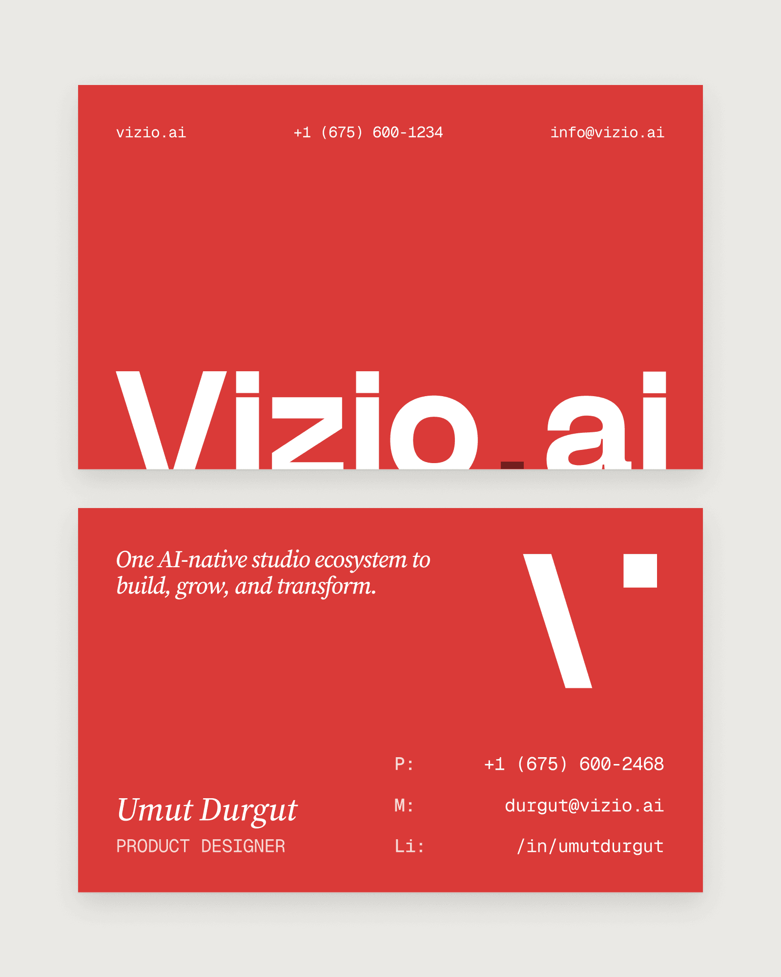 A red Vizio AI business card: the wordmark on the front, and a name, title and contact details on the back