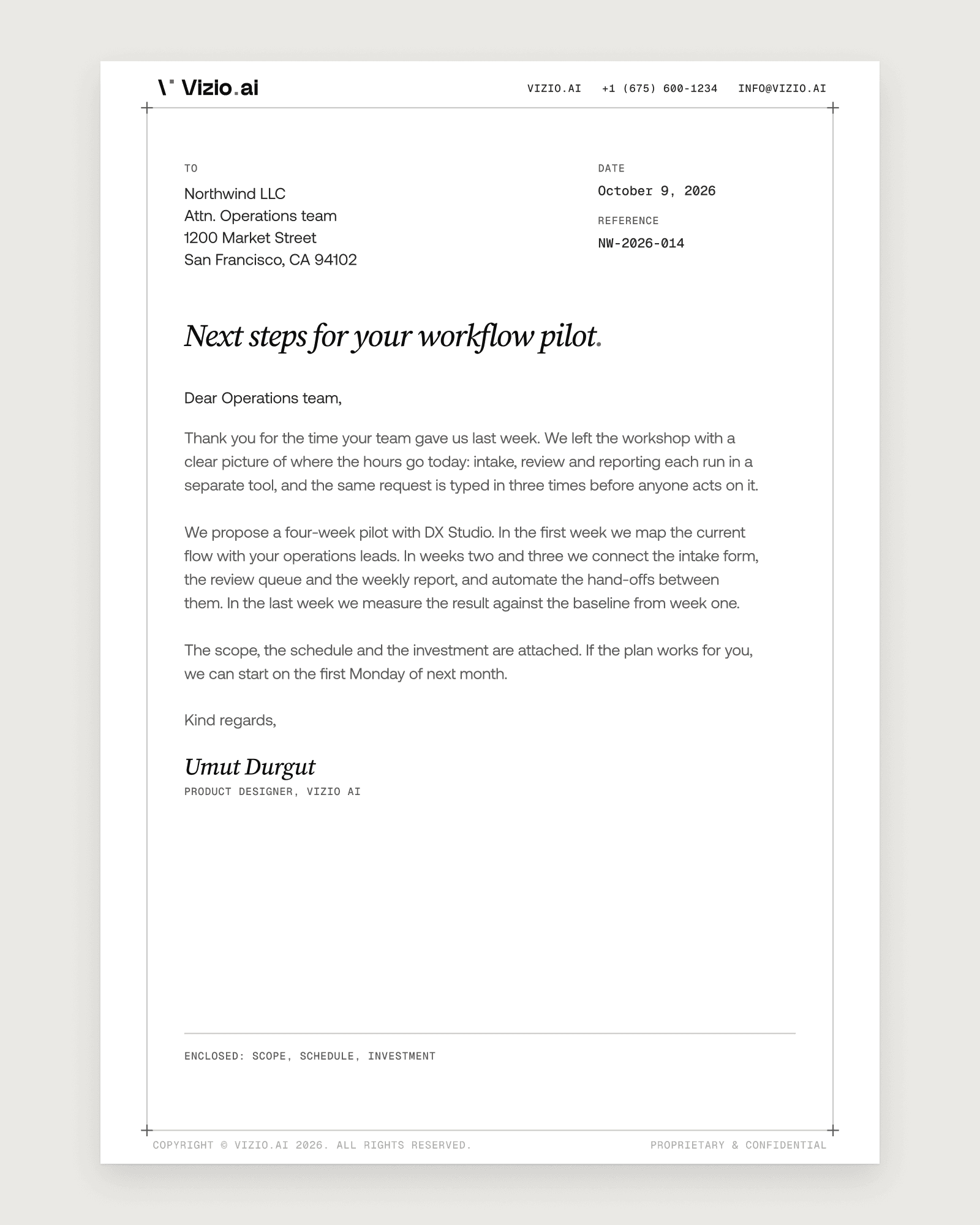 The Vizio AI letterhead: a DX Studio proposal letter on an A4 page