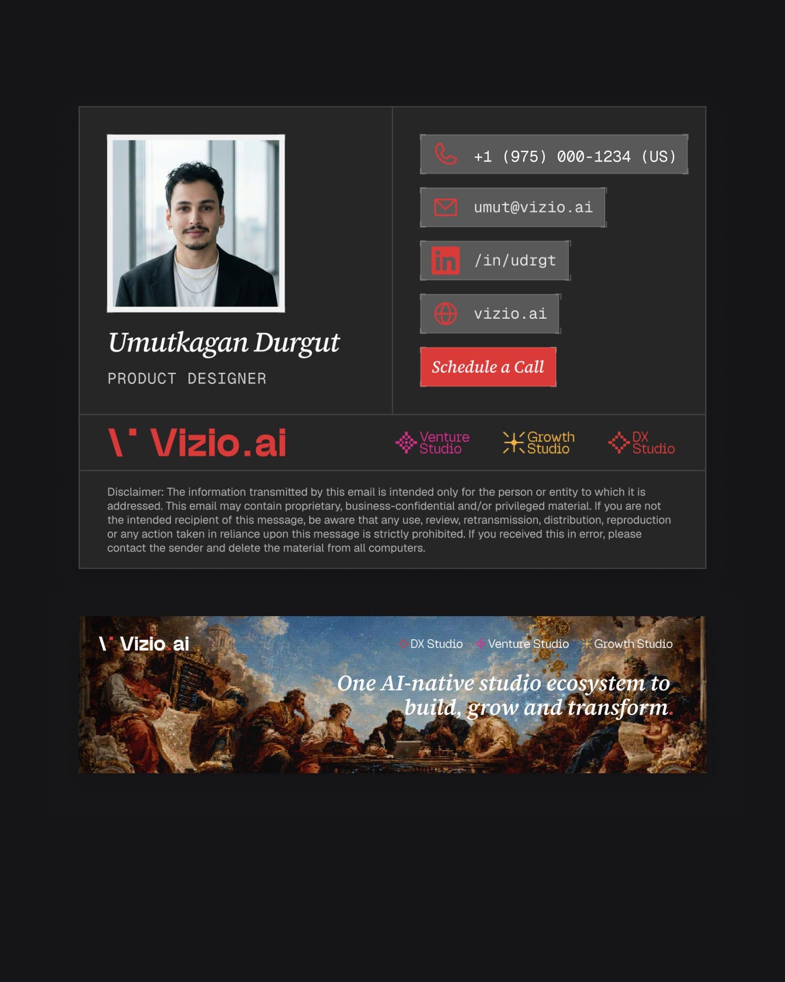 The Vizio AI email signature above a LinkedIn cover