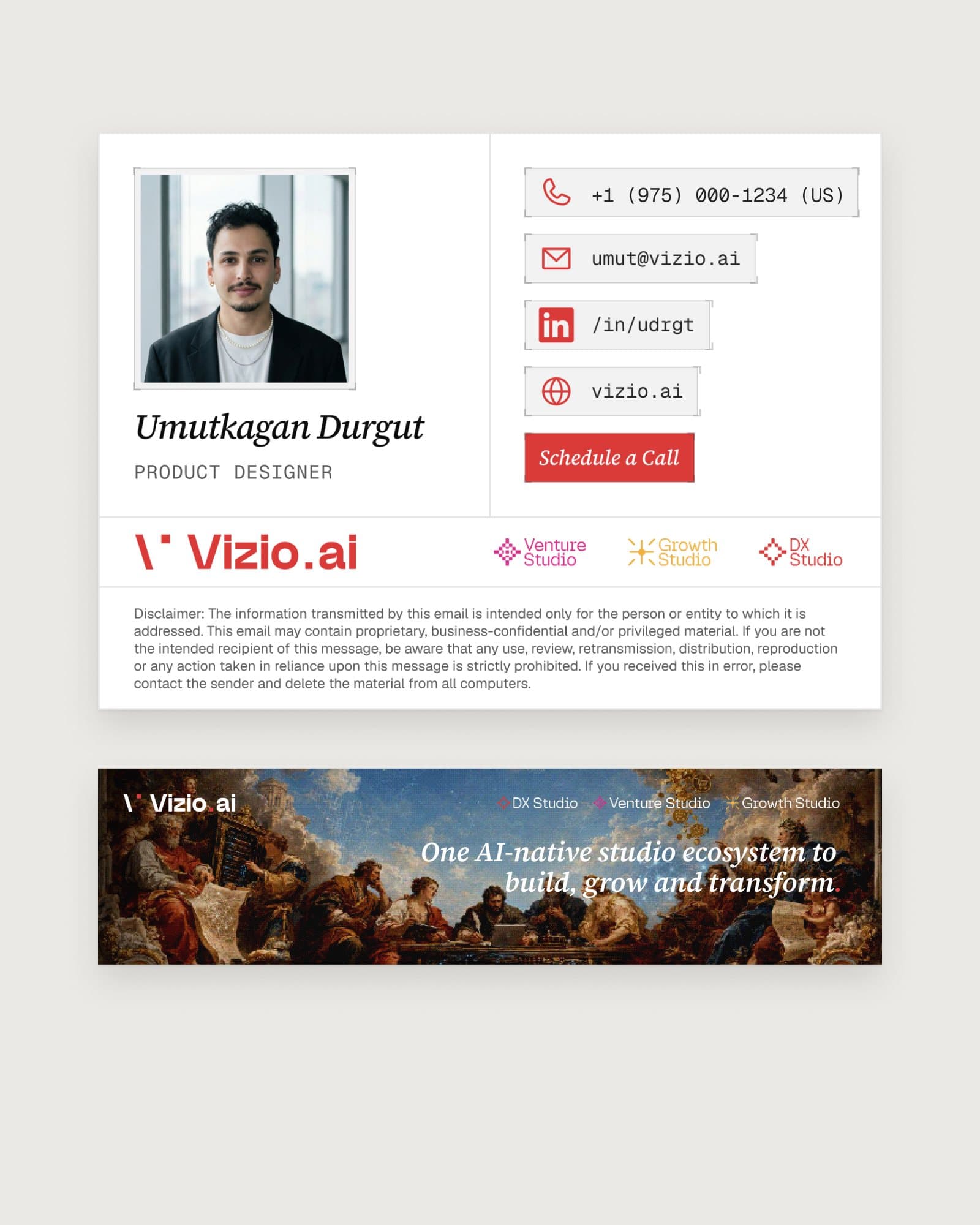 The Vizio AI email signature above a LinkedIn cover